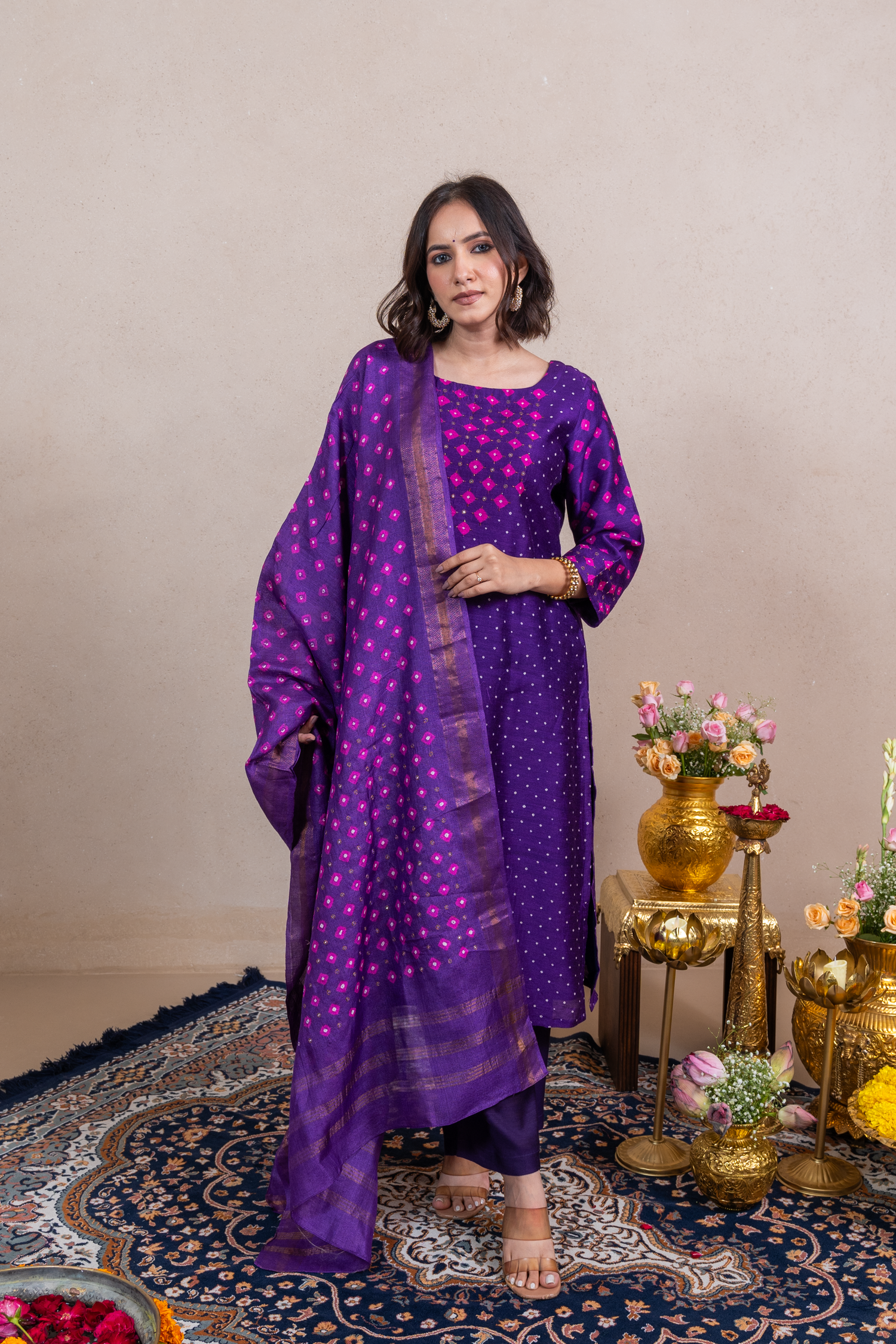 Raysham Purple Bandhani Tusser Silk Set of 3 | Ray-ethnic