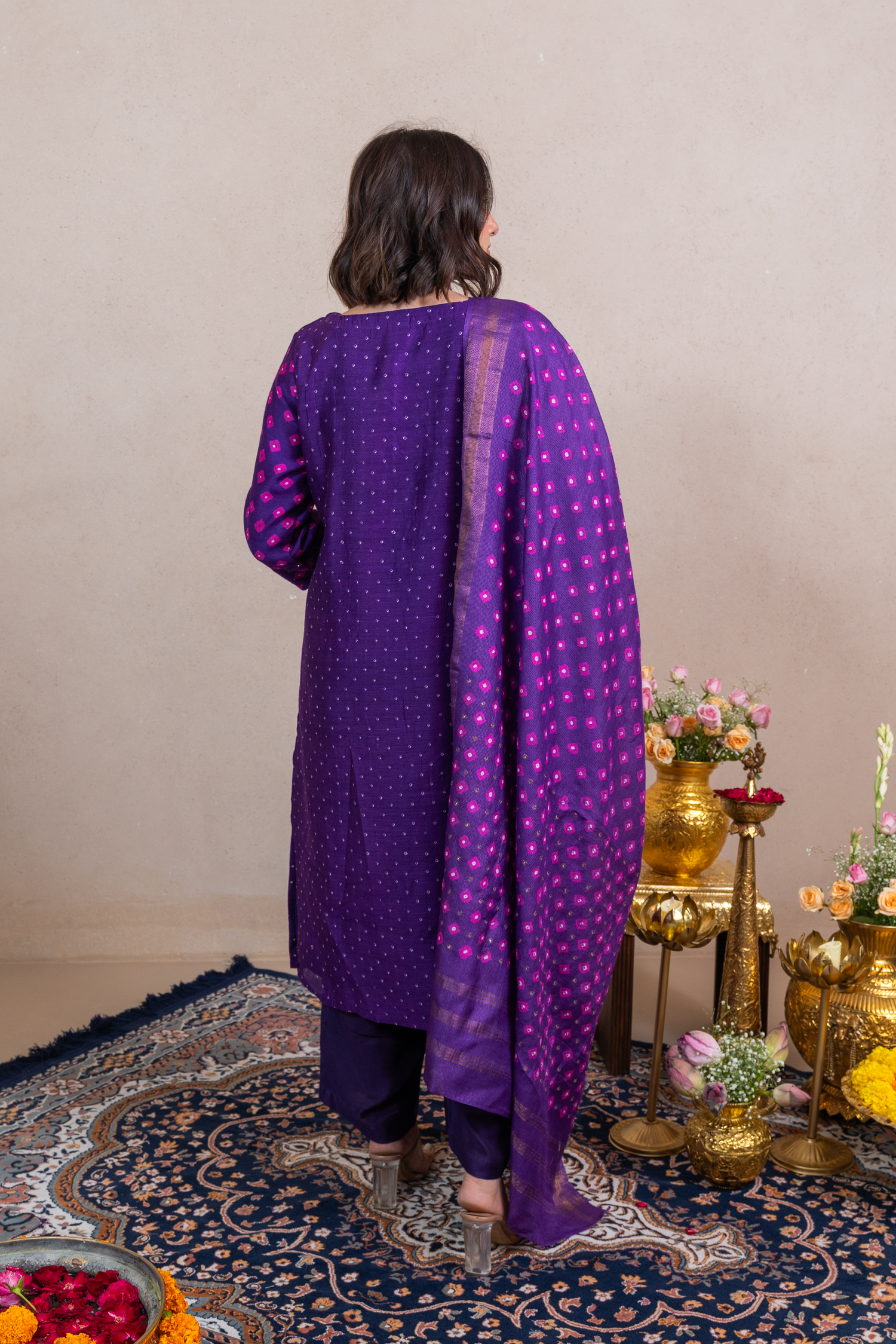 Raysham Purple Bandhani Tusser Silk Set of 3 | Ray-ethnic