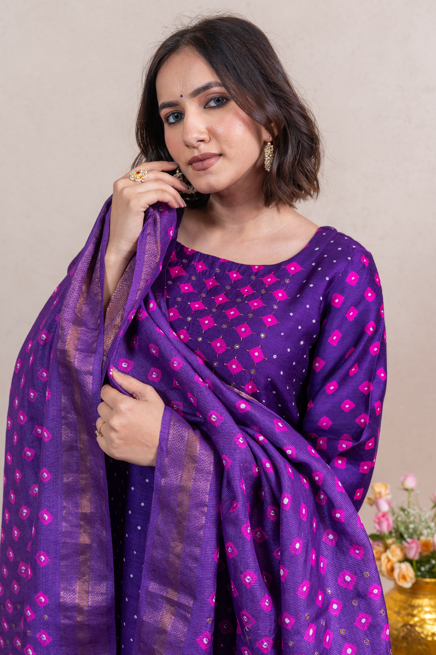 Raysham Purple Bandhani Tusser Silk Set of 3 | Ray-ethnic