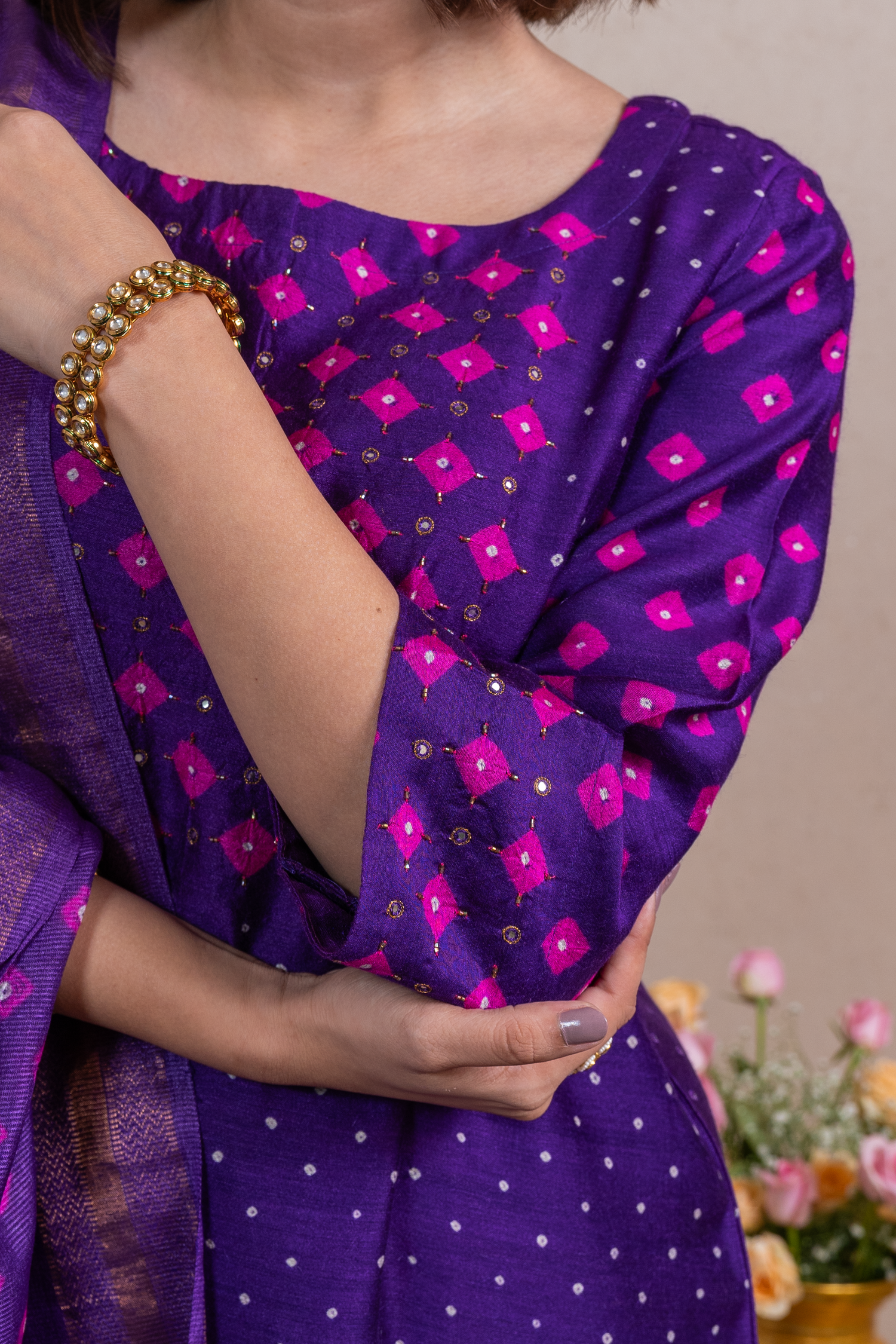 Raysham Purple Bandhani Tusser Silk Set of 3 | Ray-ethnic