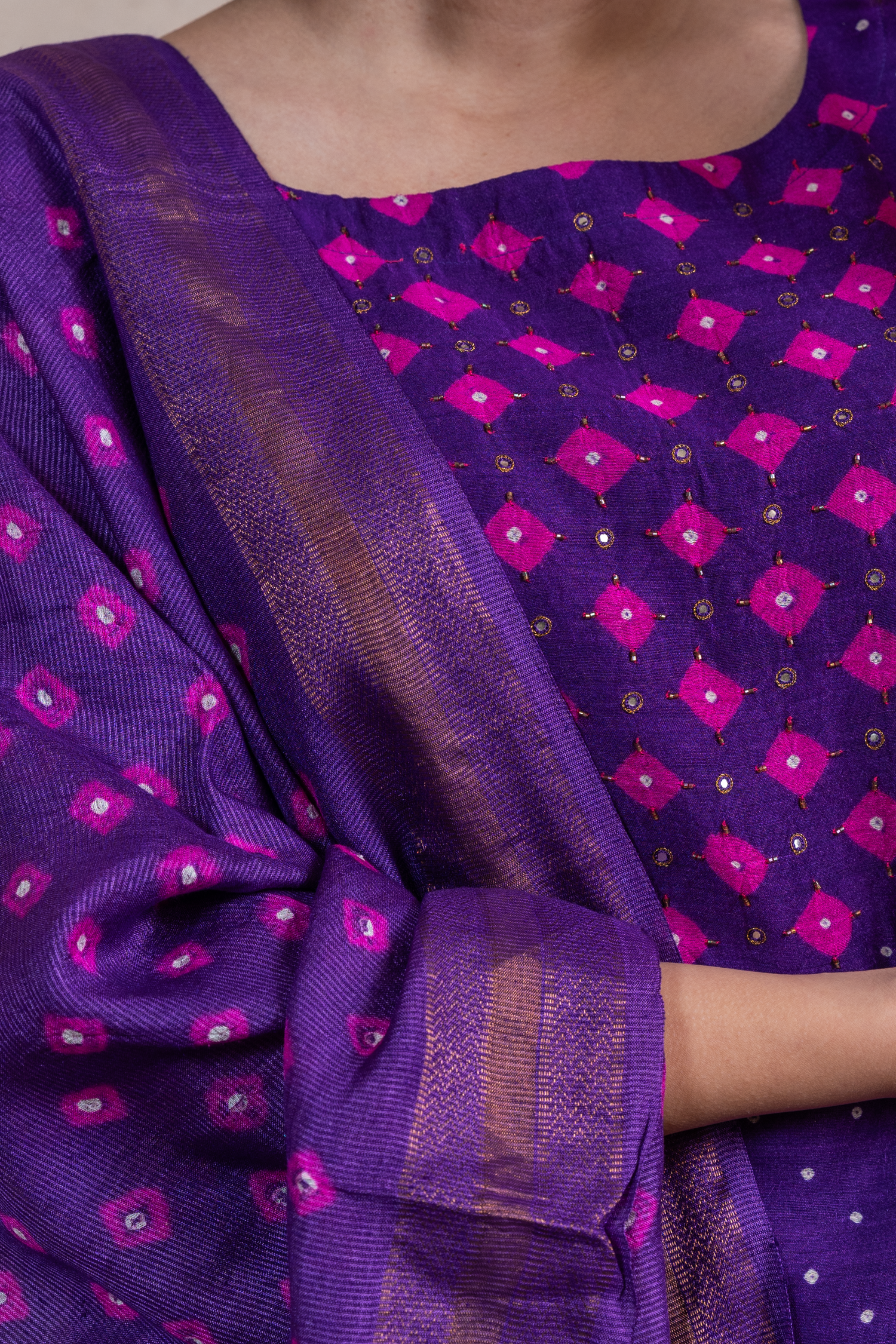 Raysham Purple Bandhani Tusser Silk Set of 3 | Ray-ethnic