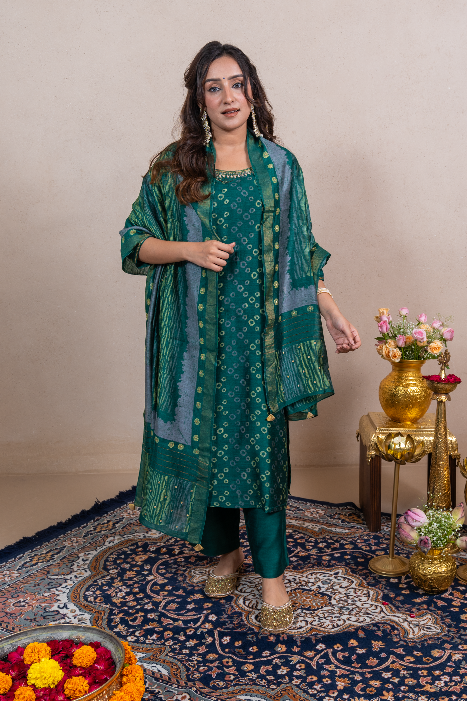 Raysham Green Block Printed Munga Silk Set of 3 | Ray-ethnic