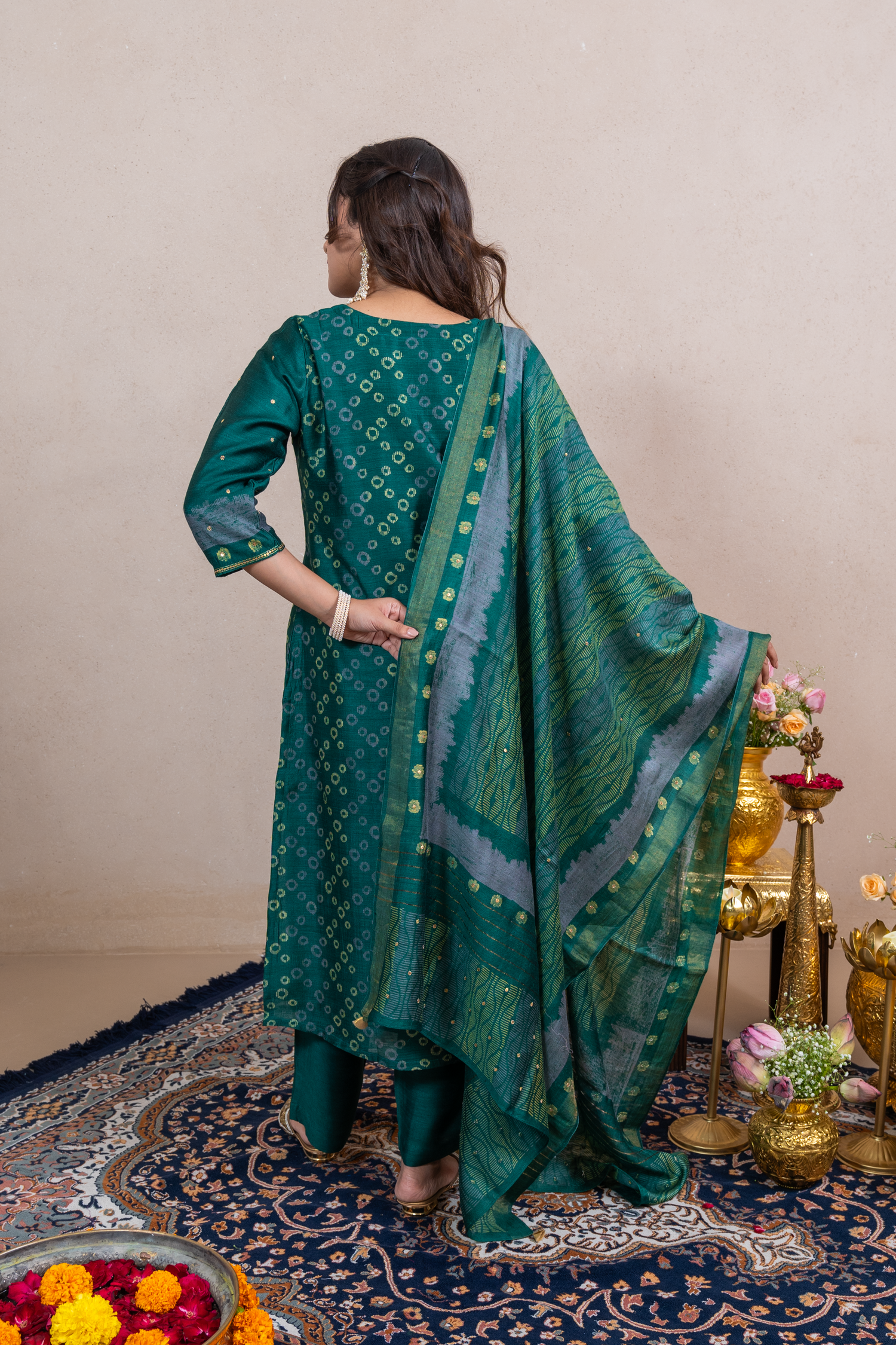 Raysham Green Block Printed Munga Silk Set of 3 | Ray-ethnic