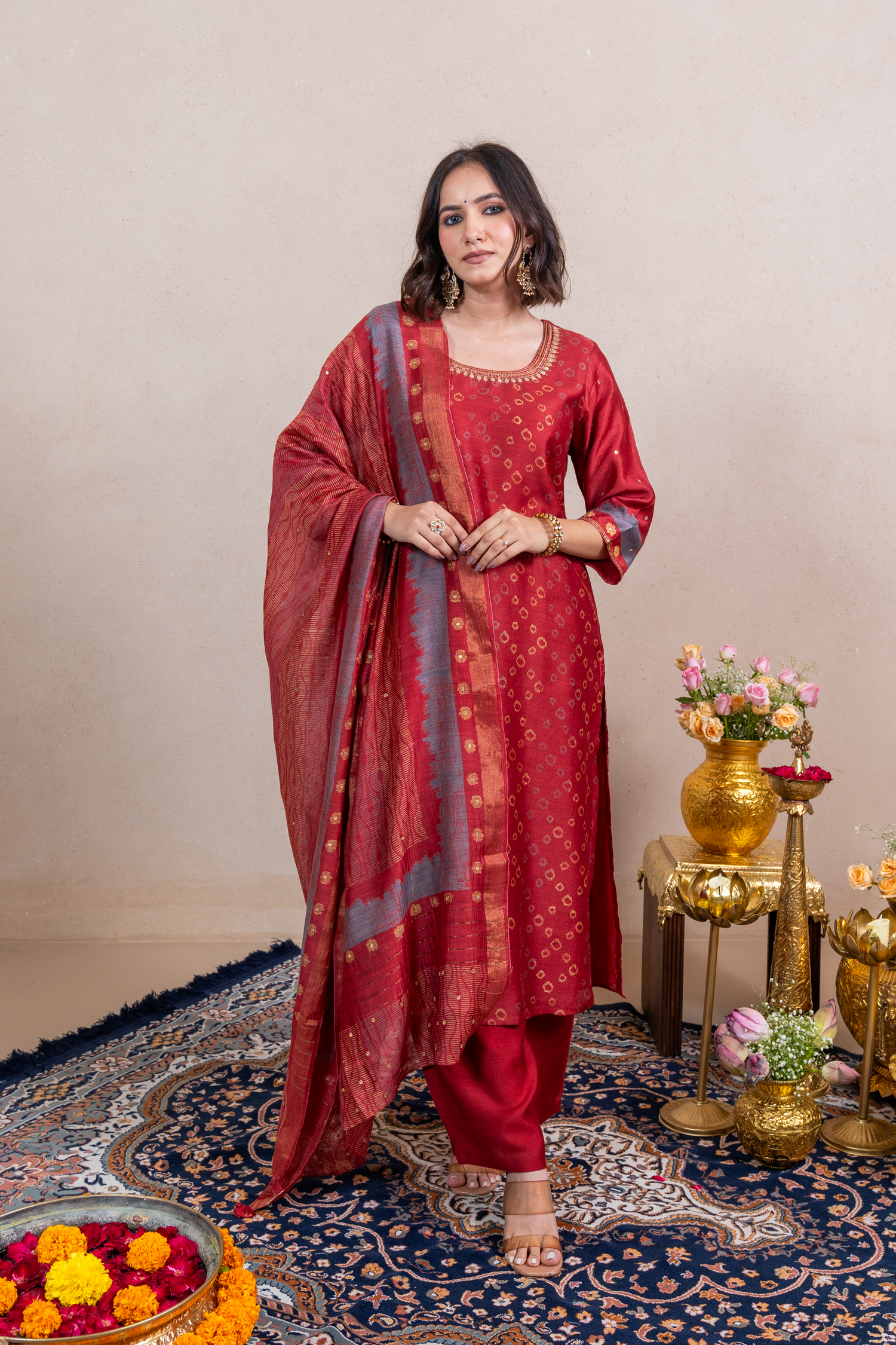 Raysham Red Block Printed Munga Silk Set of 3 | Ray-ethnic