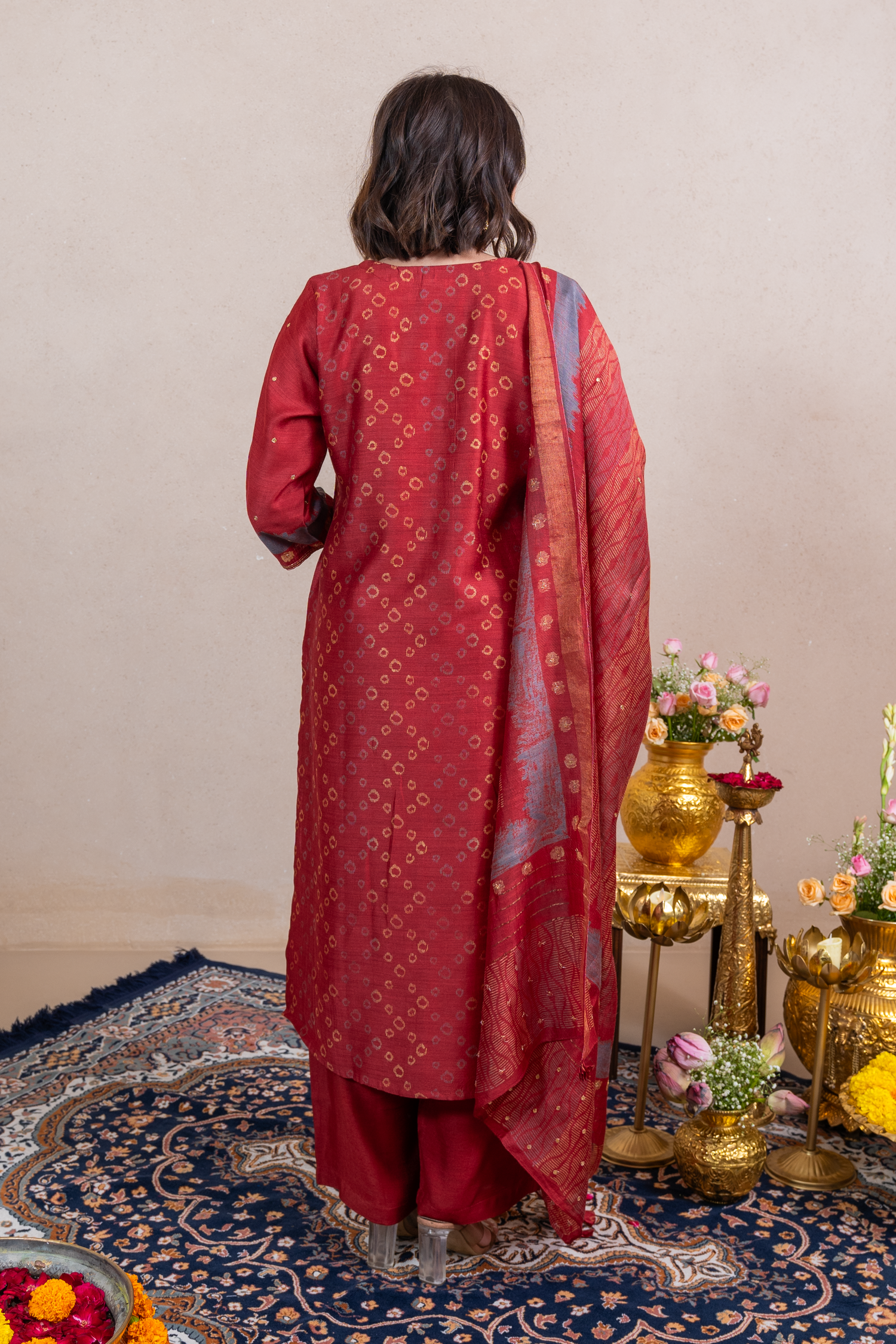 Raysham Red Block Printed Munga Silk Set of 3 | Ray-ethnic