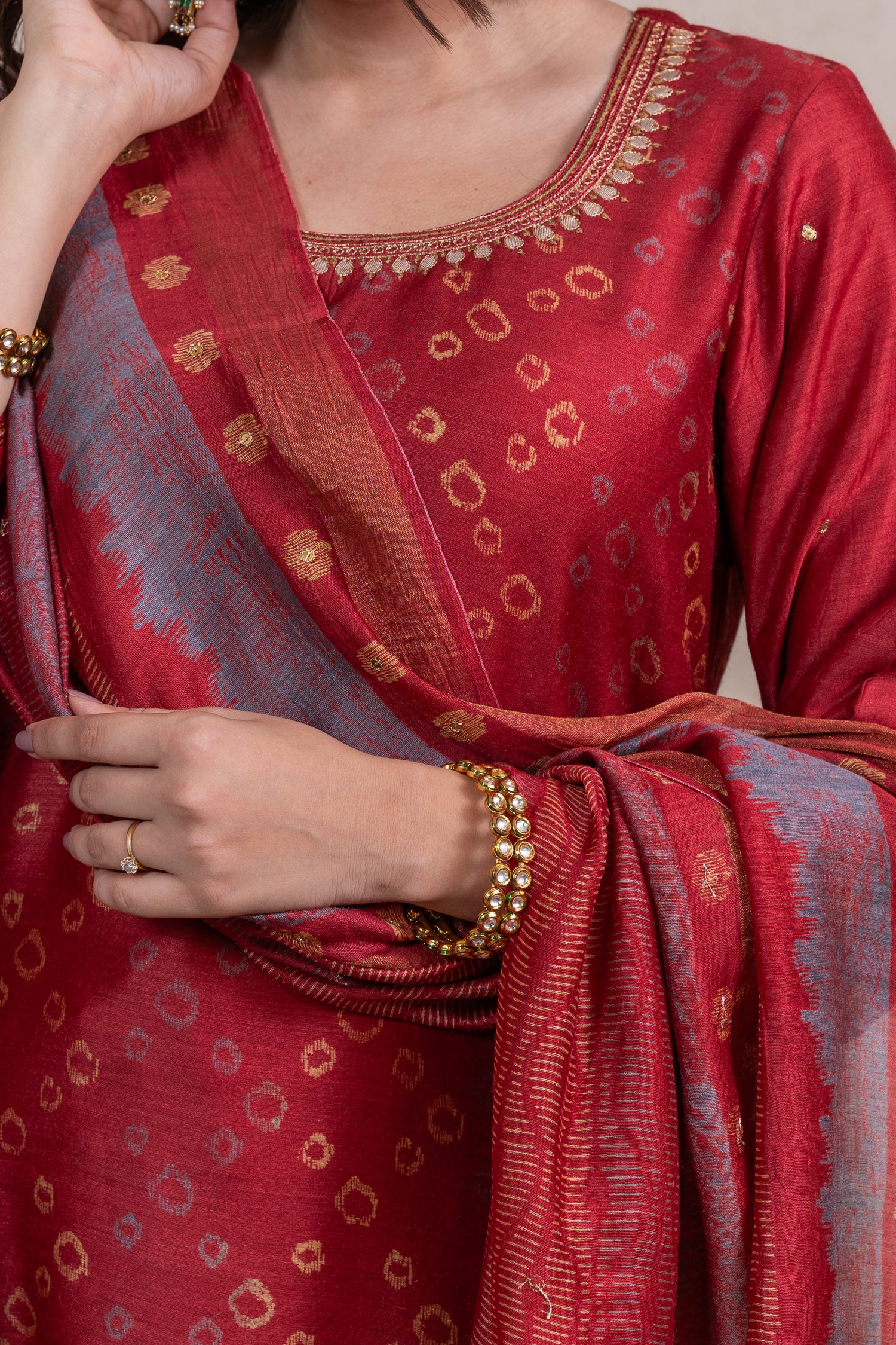 Raysham Red Block Printed Munga Silk Set of 3 | Ray-ethnic