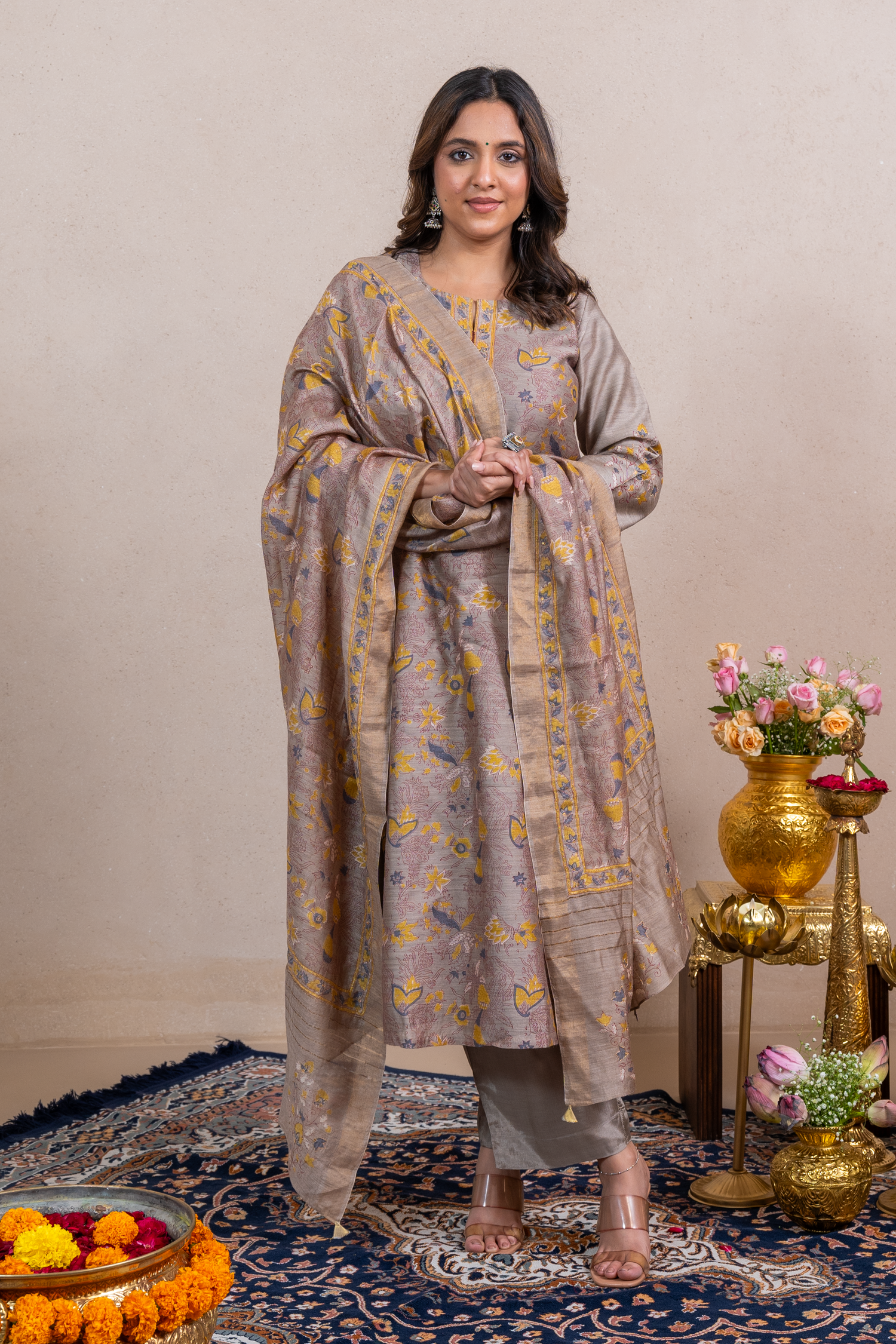 Raysham Beige Block Print Munga Silk Set of 3 | Ray-ethnic