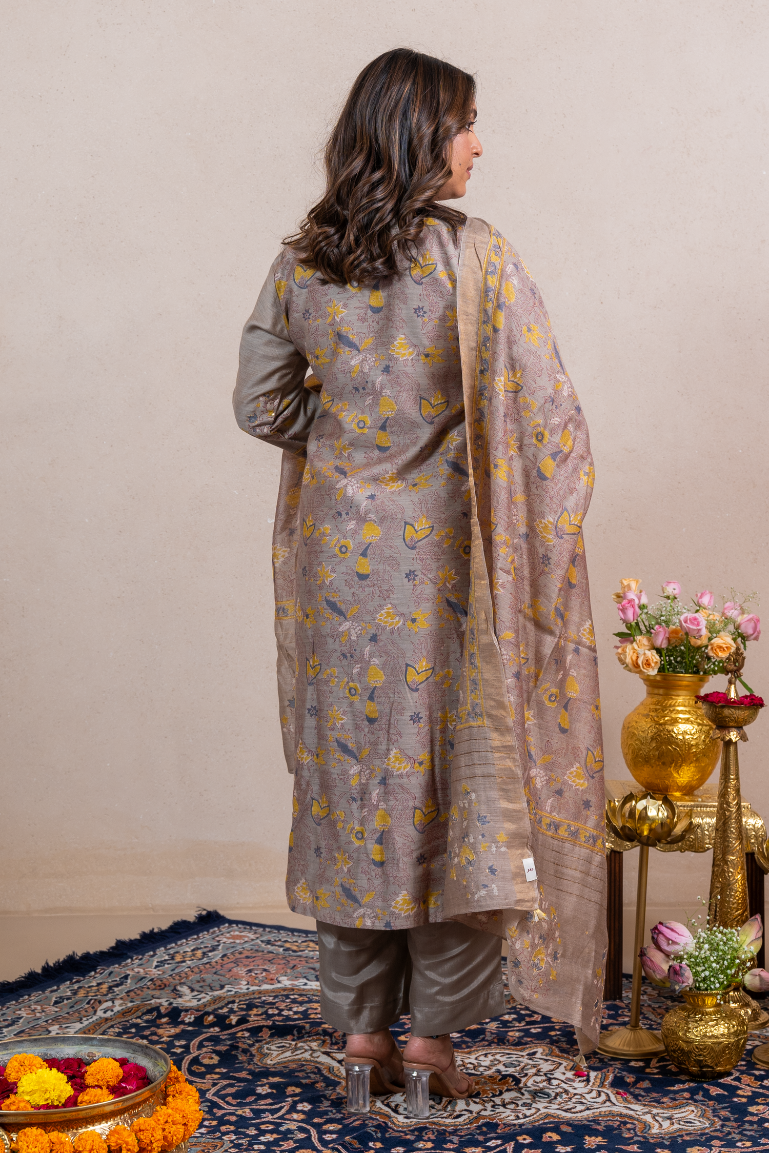 Raysham Beige Block Print Munga Silk Set of 3 | Ray-ethnic