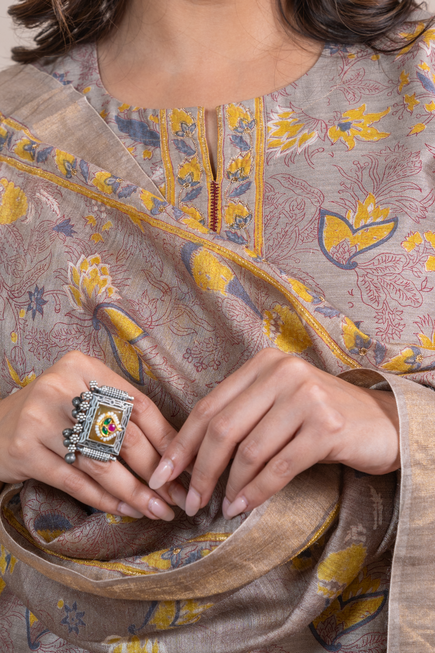 Raysham Beige Block Print Munga Silk Set of 3 | Ray-ethnic