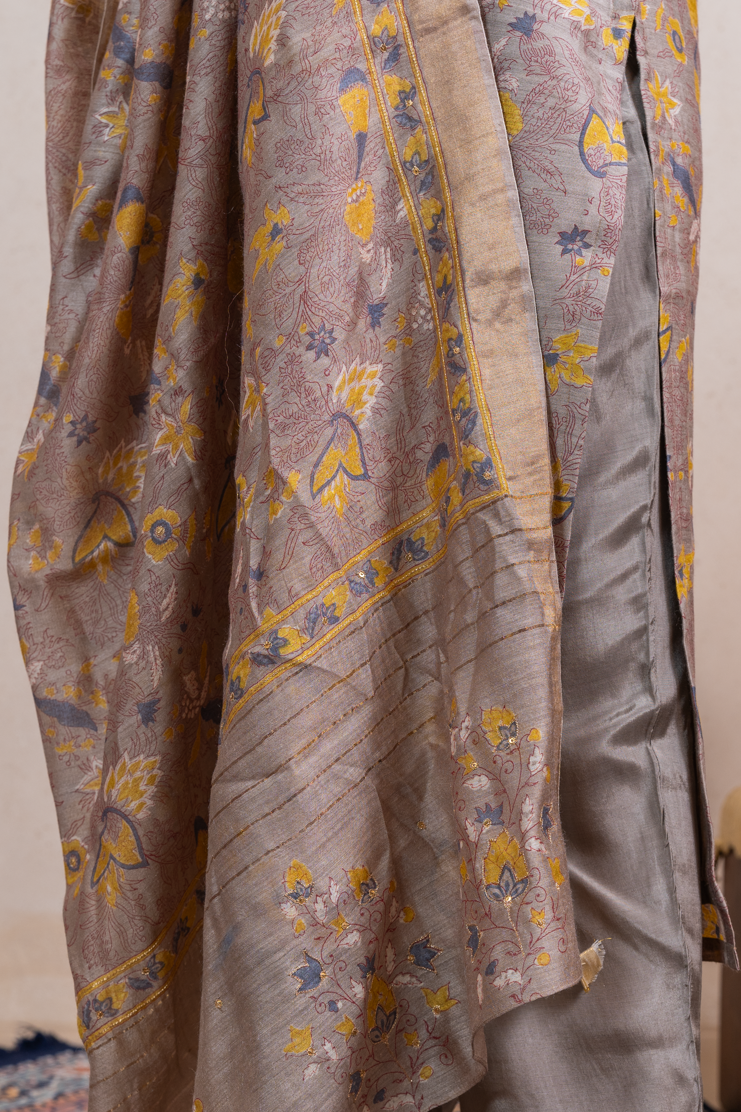Raysham Beige Block Print Munga Silk Set of 3 | Ray-ethnic