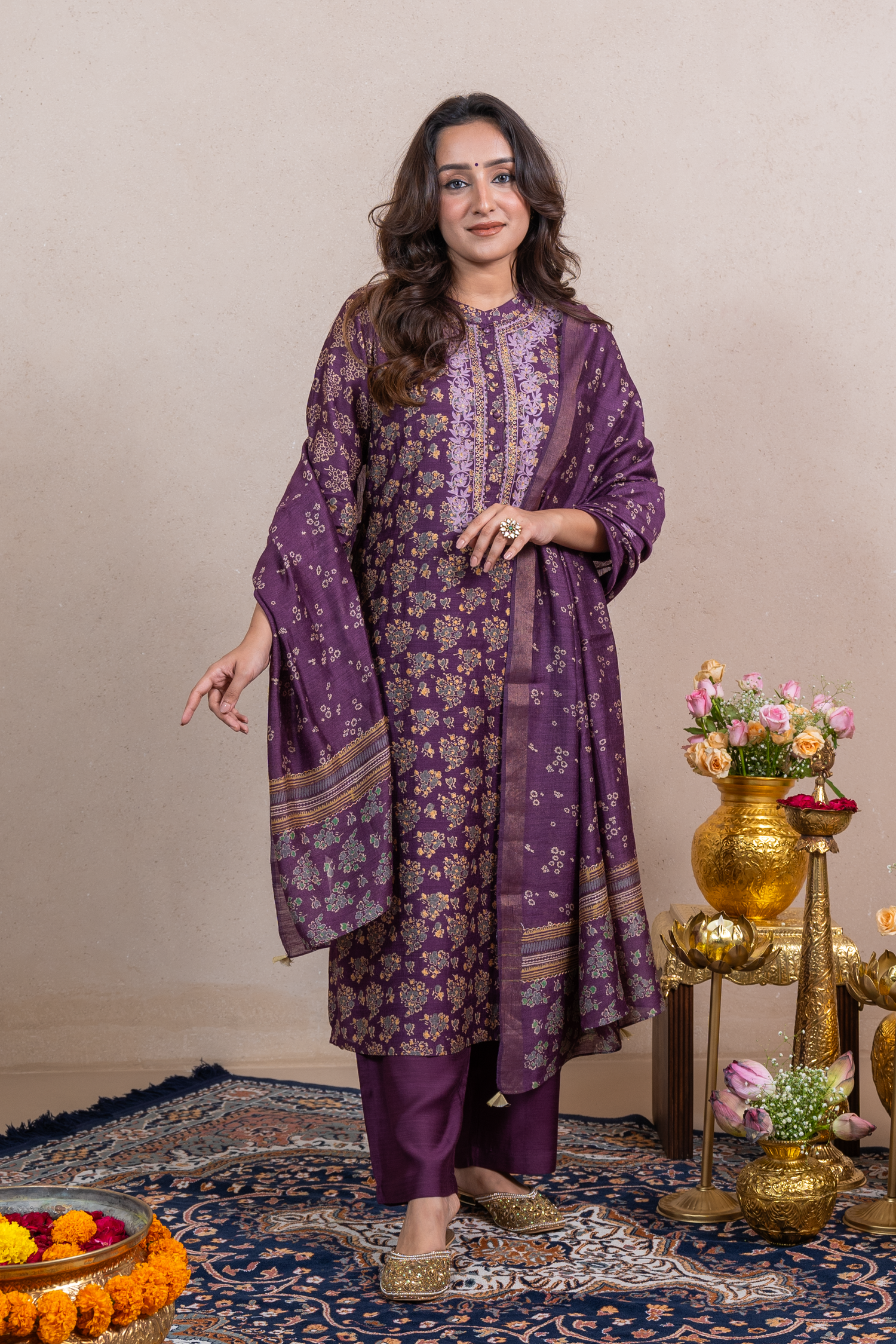 Raysham Purple Block Printed Munga Silk Set of 3 | Ray-ethnic