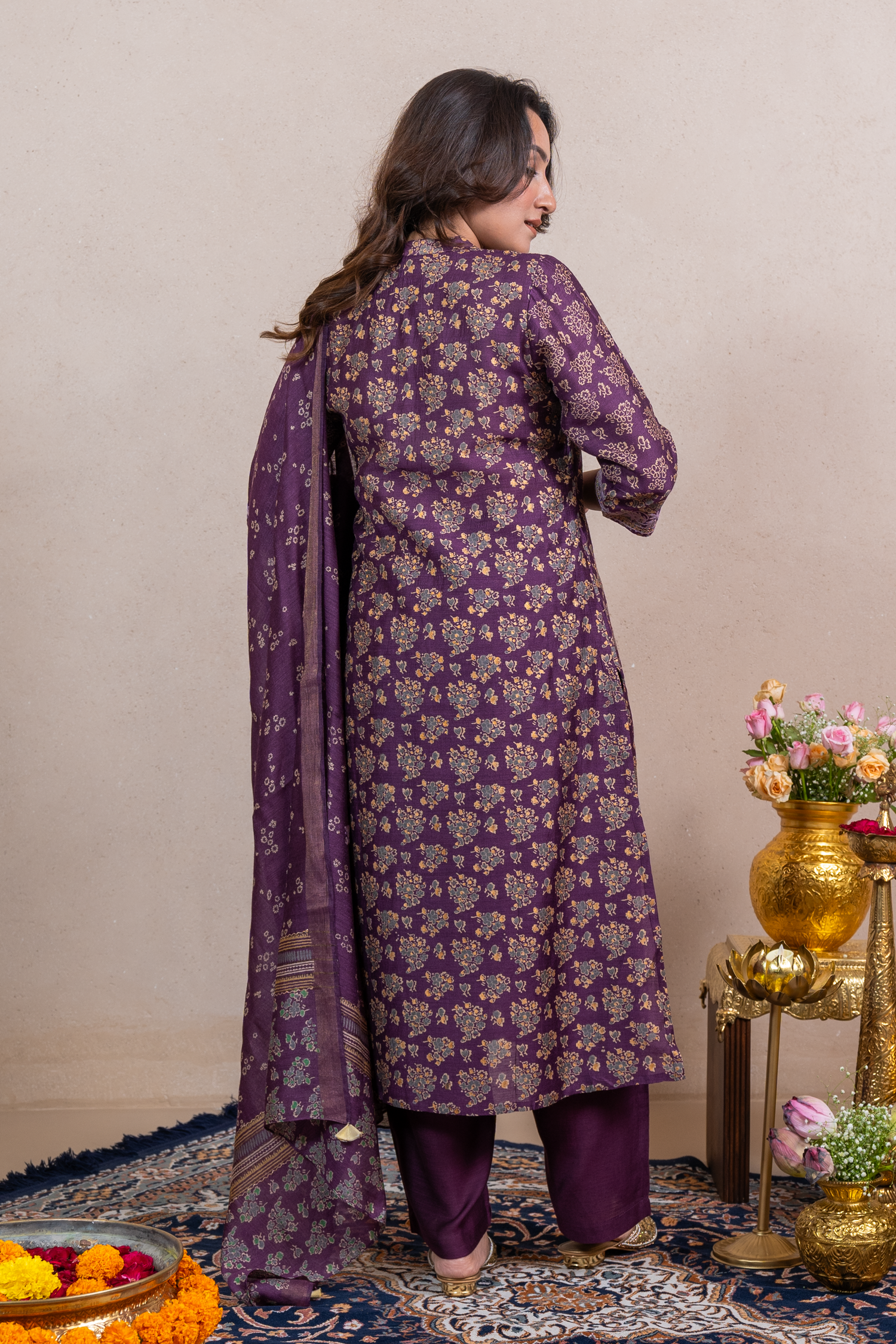 Raysham Purple Block Printed Munga Silk Set of 3 | Ray-ethnic