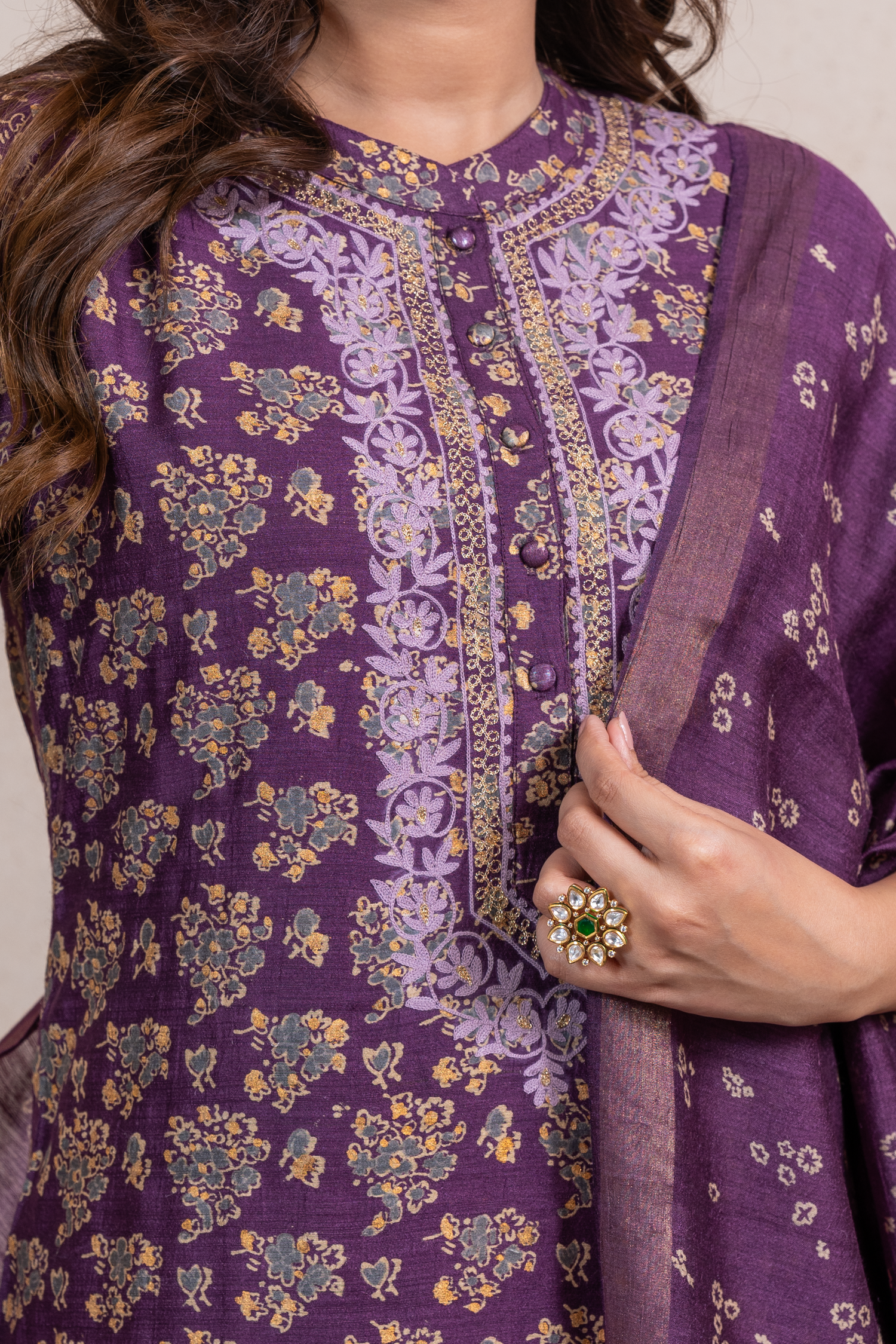 Raysham Purple Block Printed Munga Silk Set of 3 | Ray-ethnic