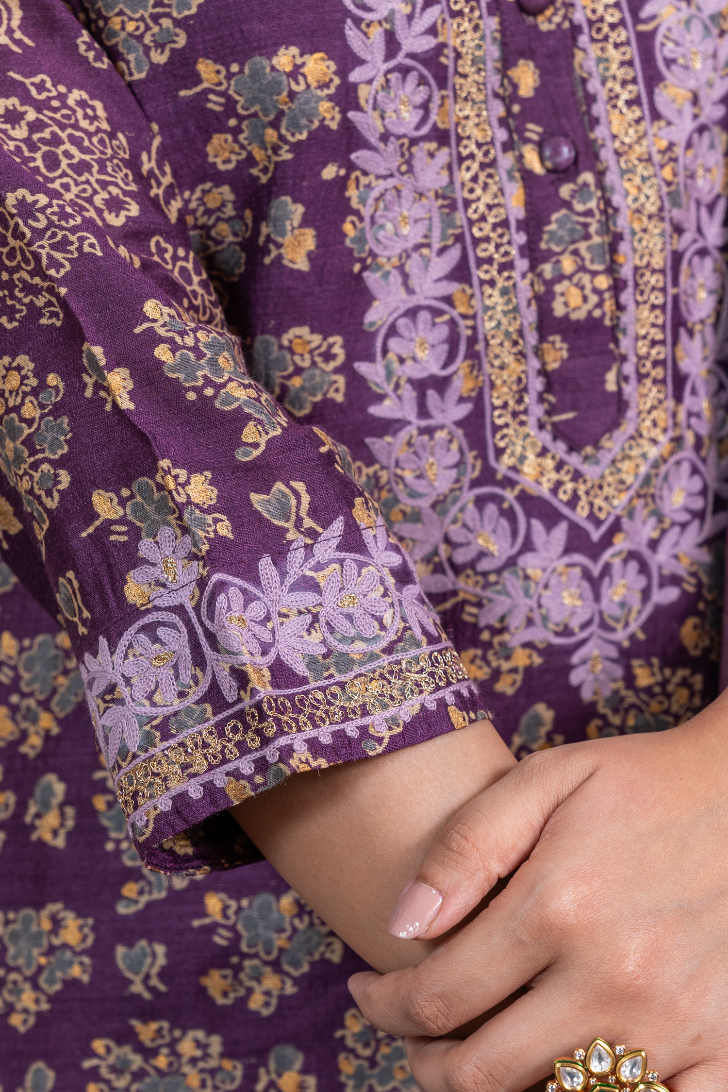 Raysham Purple Block Printed Munga Silk Set of 3 | Ray-ethnic
