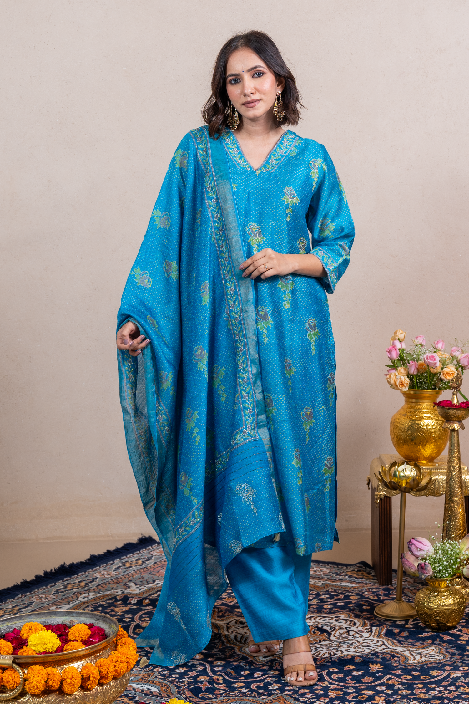 Raysham Blue Block Printed Munga Silk Set of 3 | Ray-ethnic