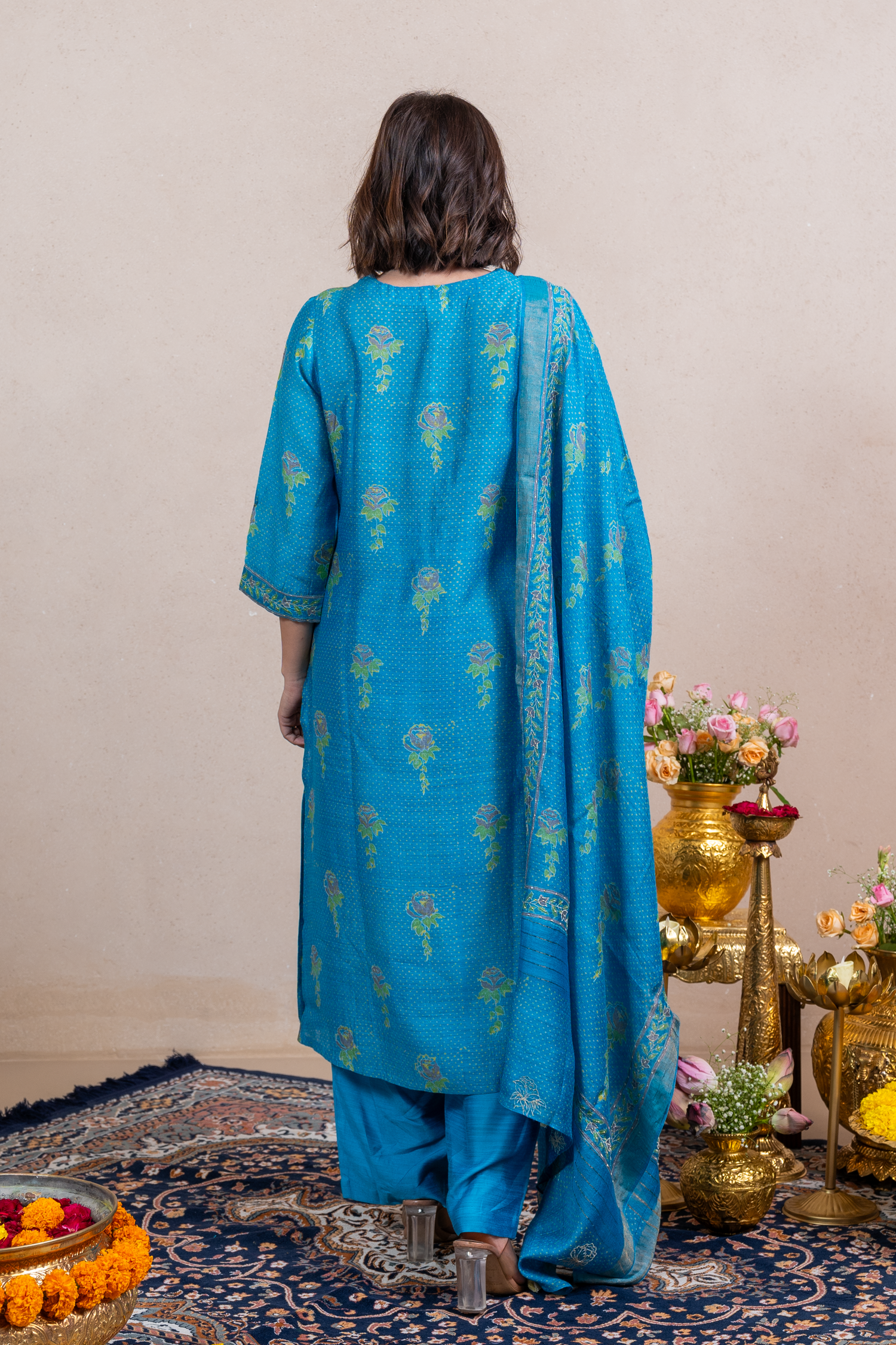 Raysham Blue Block Printed Munga Silk Set of 3 | Ray-ethnic