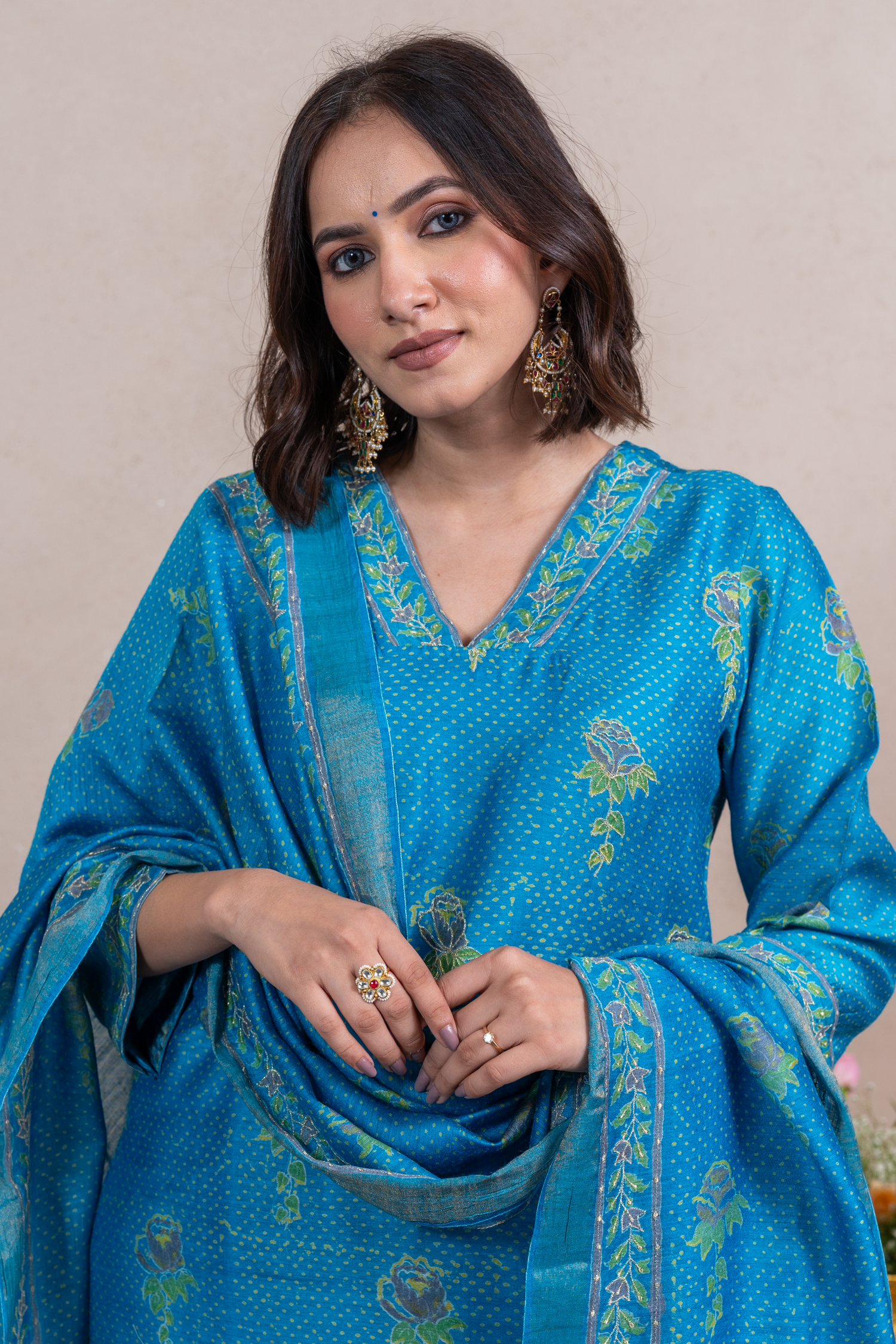 Raysham Blue Block Printed Munga Silk Set of 3 | Ray-ethnic