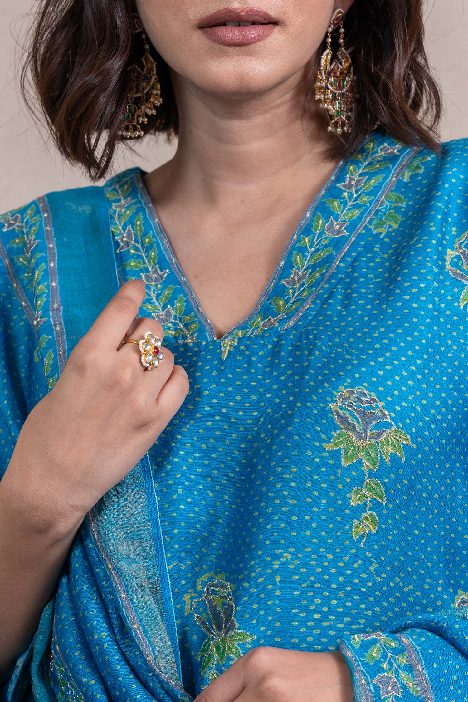 Raysham Blue Block Printed Munga Silk Set of 3 | Ray-ethnic