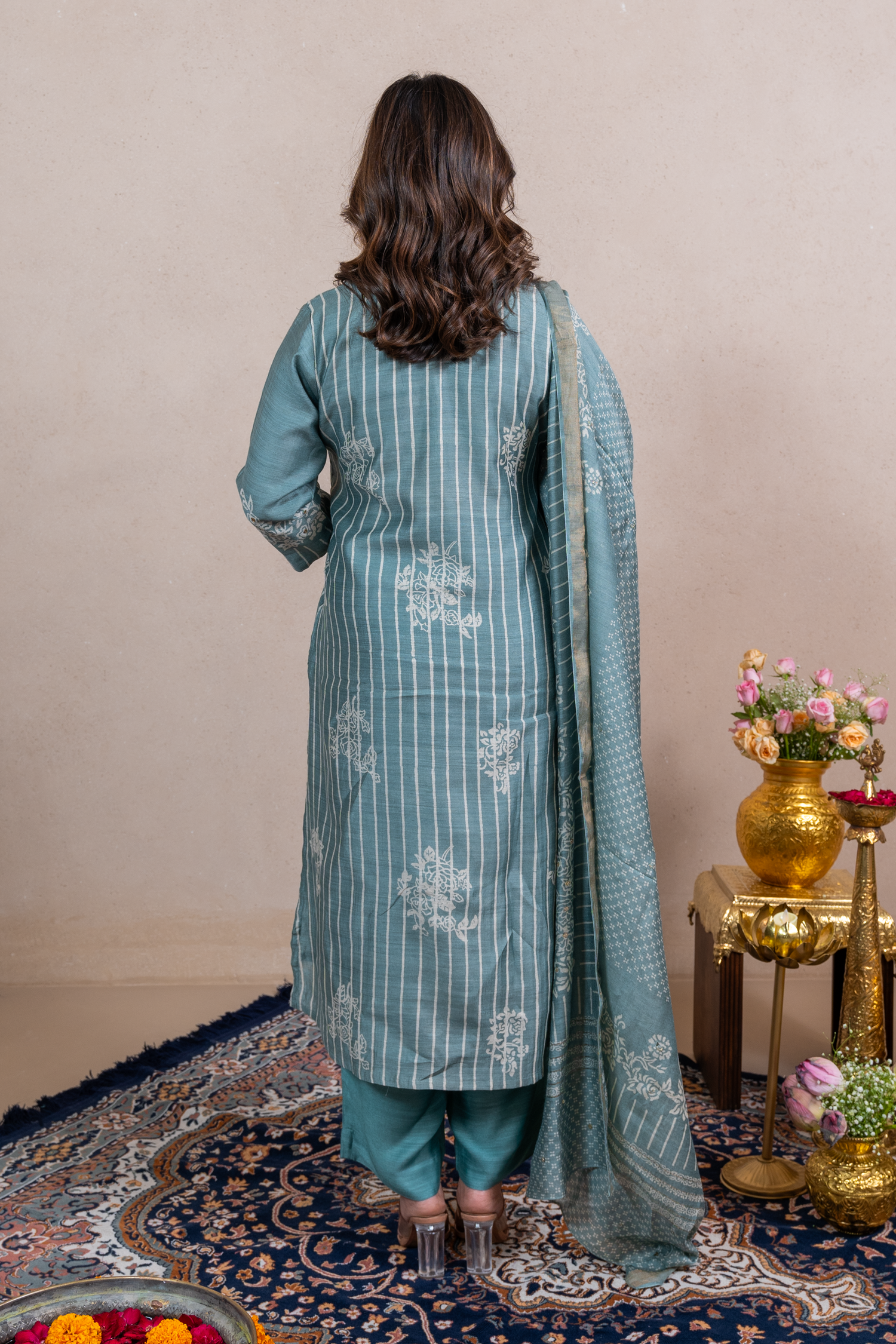 Raysham Green Block Print Munga Silk Set of 3 | Ray-ethnic