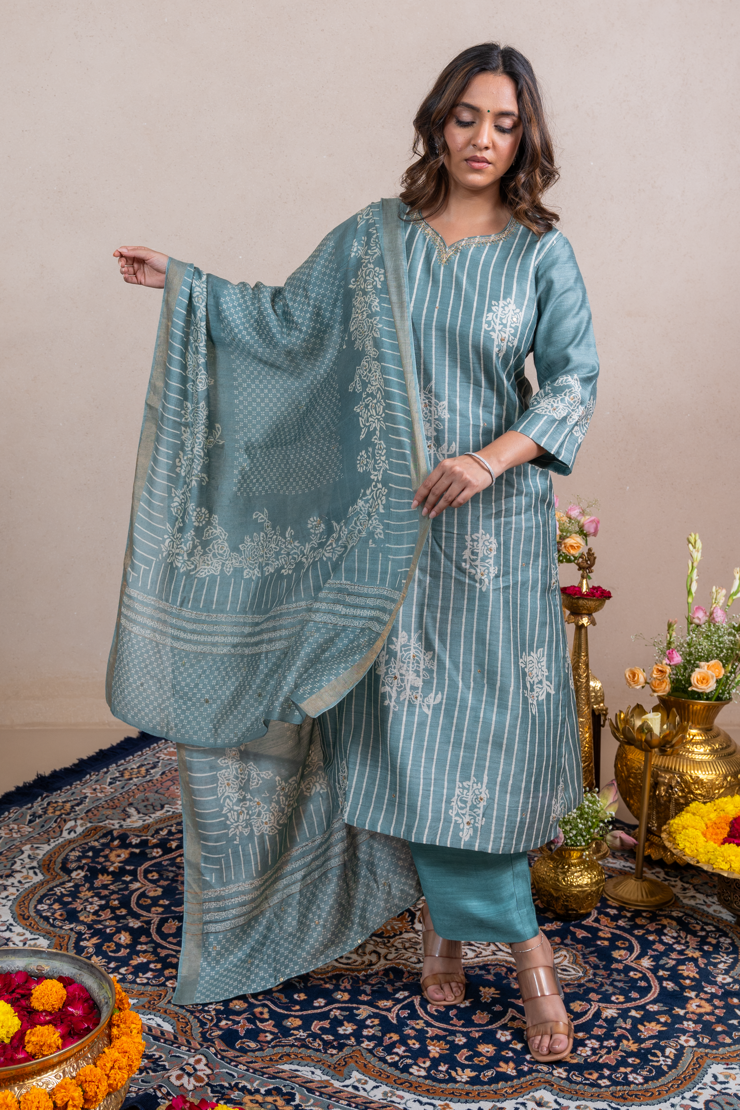 Raysham Green Block Print Munga Silk Set of 3 | Ray-ethnic