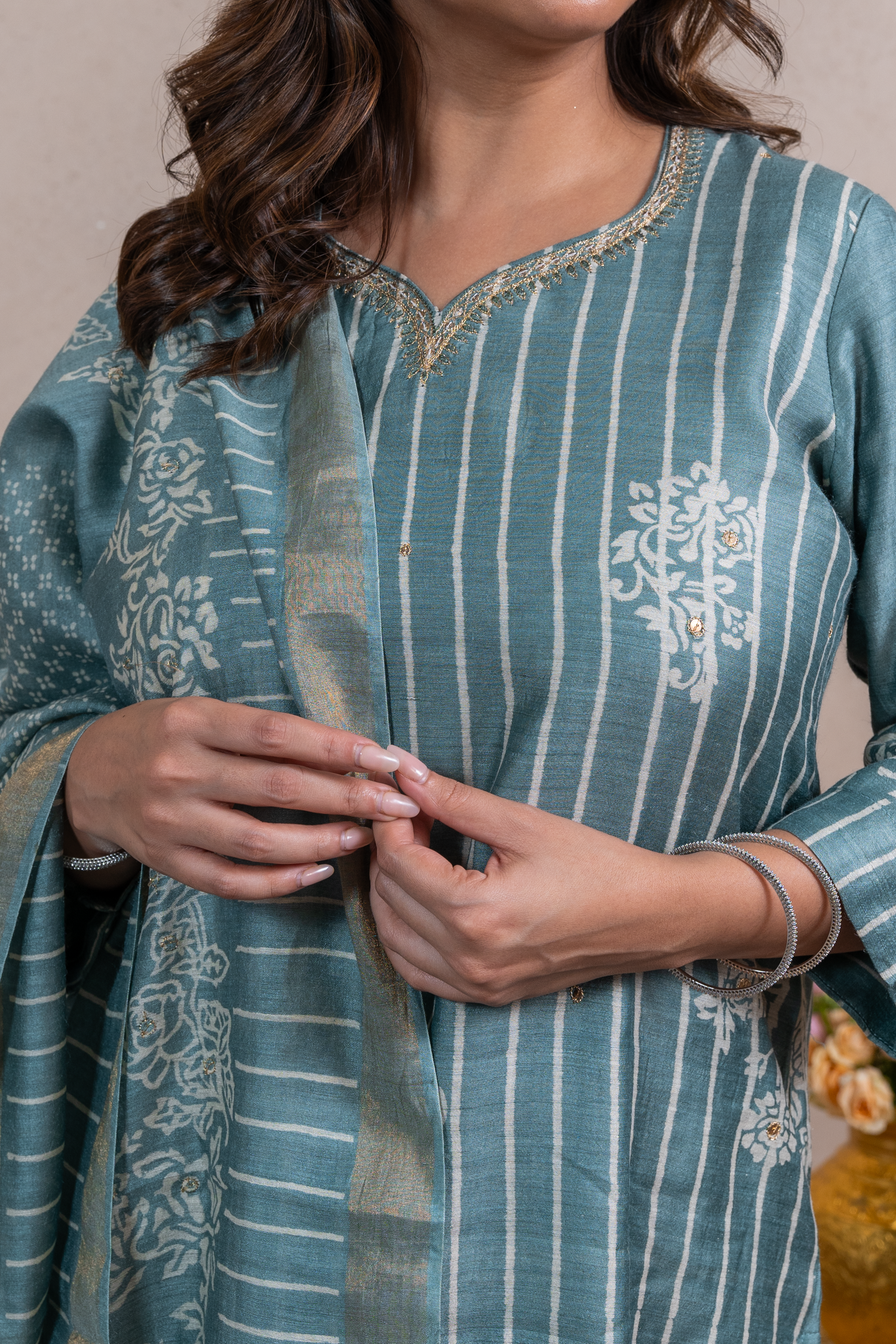 Raysham Green Block Print Munga Silk Set of 3 | Ray-ethnic