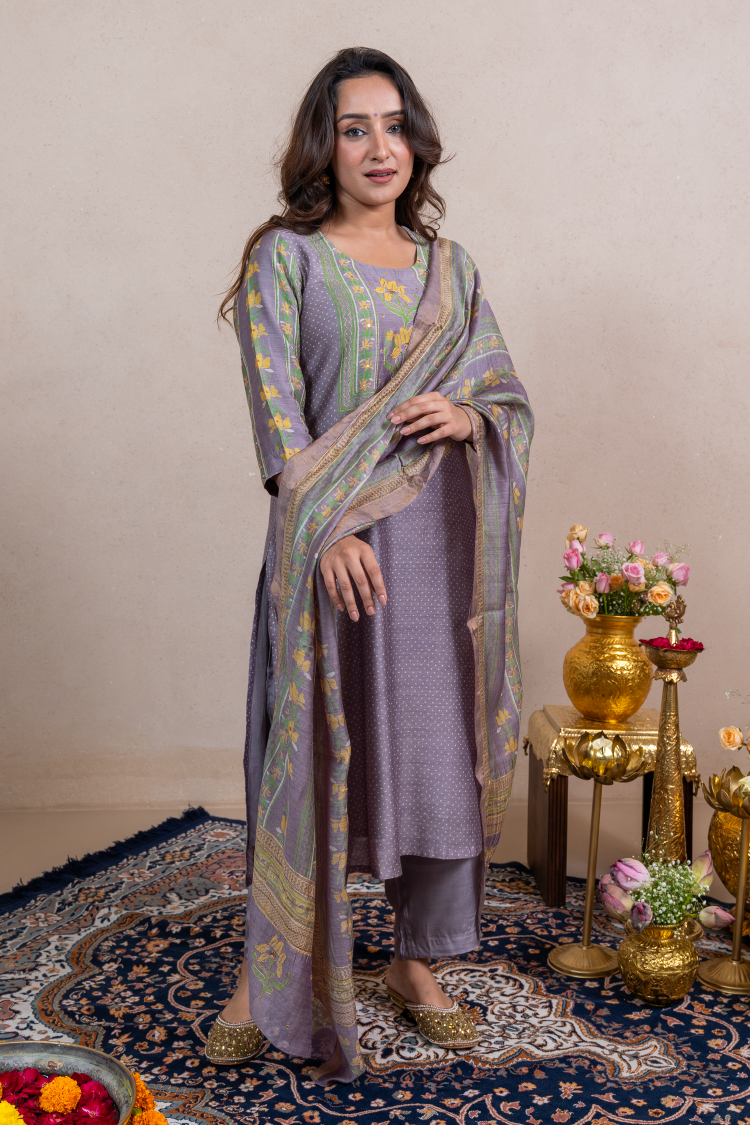Raysham Lavender Block Printed Munga Silk Set of 3 | Ray-ethnic