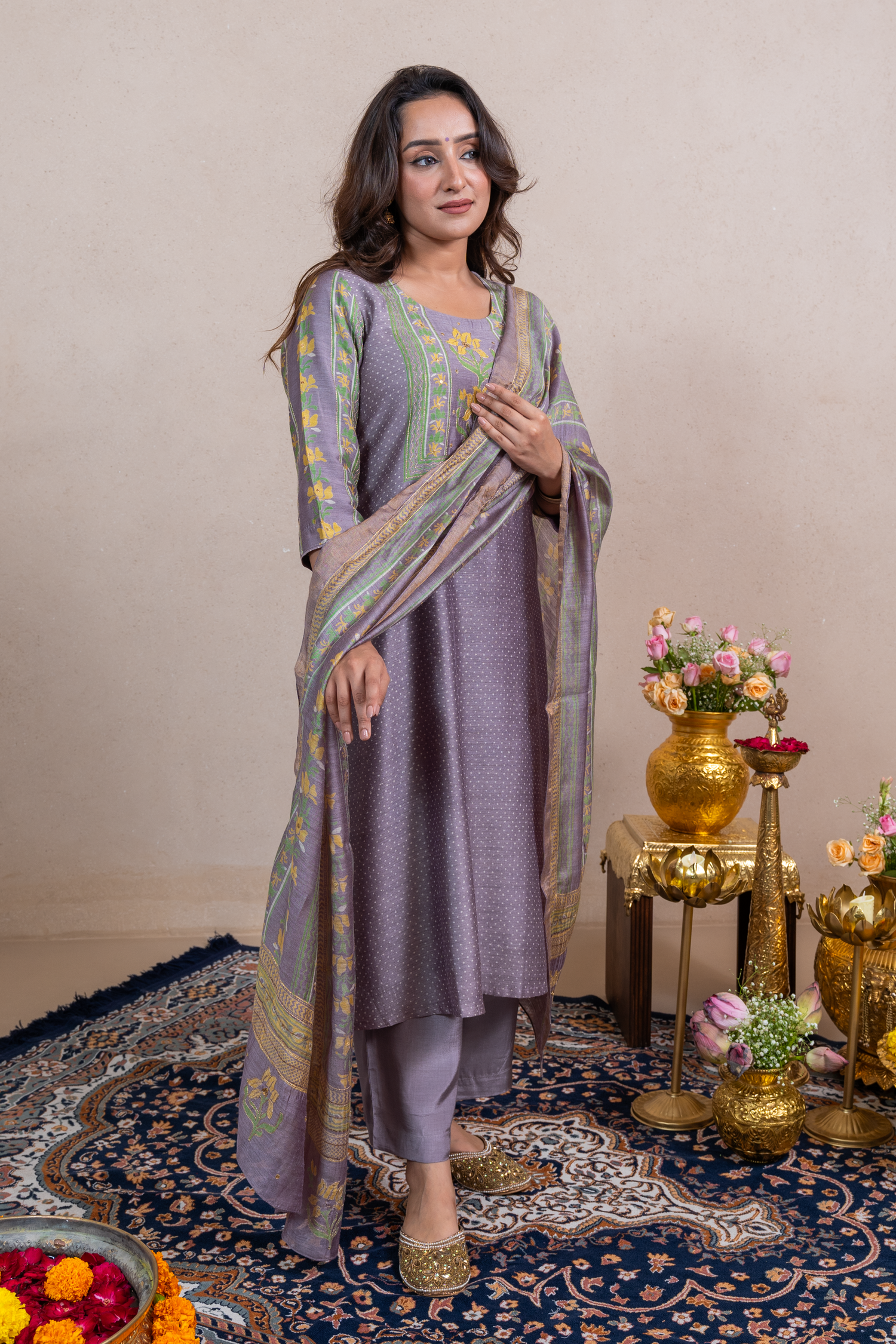 Raysham Lavender Block Printed Munga Silk Set of 3 | Ray-ethnic