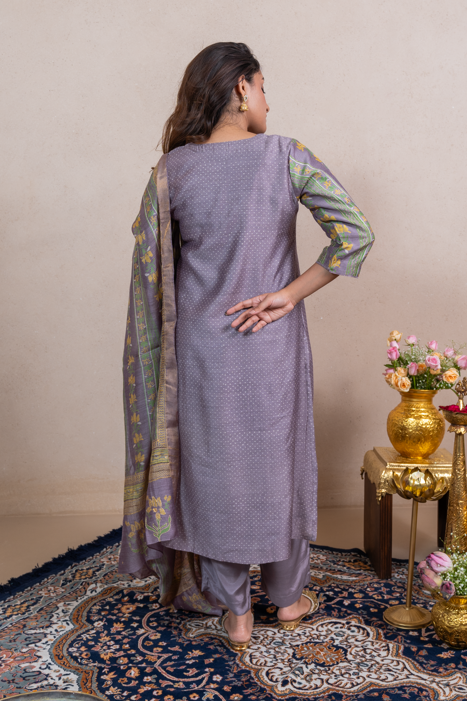 Raysham Lavender Block Printed Munga Silk Set of 3 | Ray-ethnic