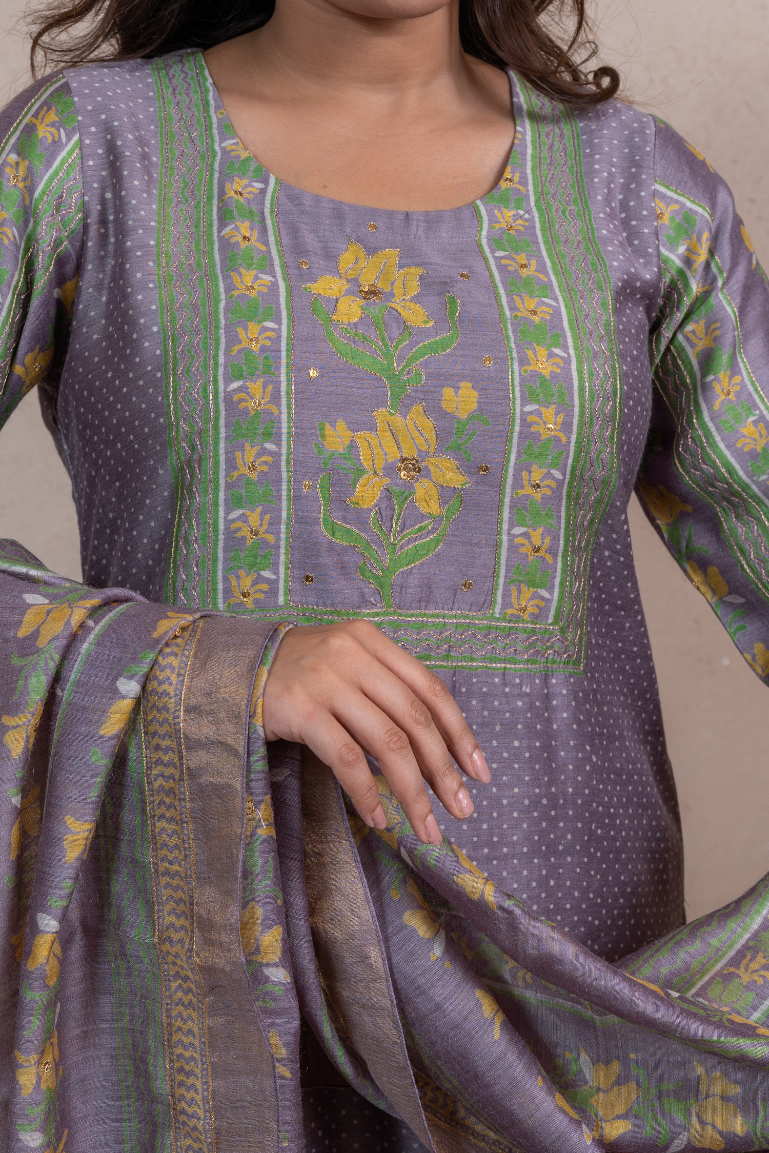 Raysham Lavender Block Printed Munga Silk Set of 3 | Ray-ethnic