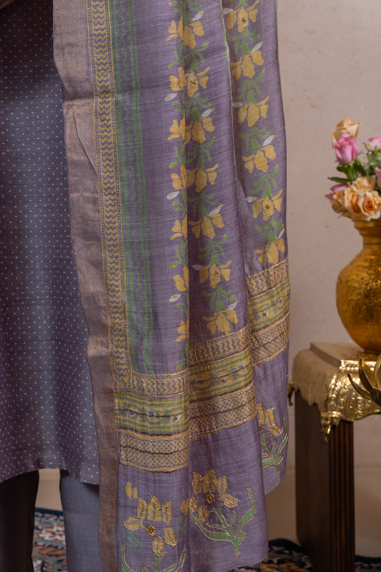 Raysham Lavender Block Printed Munga Silk Set of 3 | Ray-ethnic