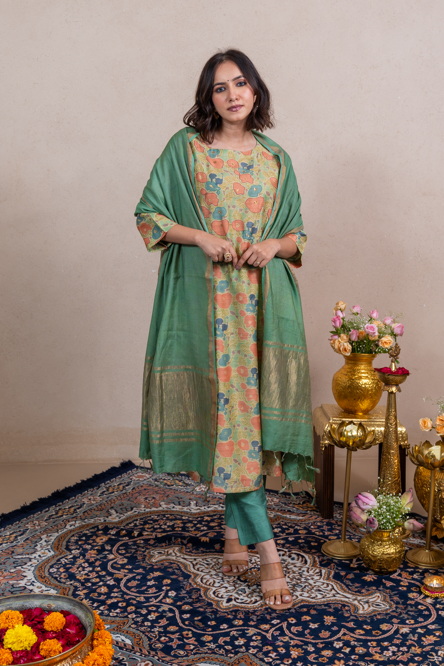 Raysham Green Printed Munga Silk Set of 3 | Ray-ethnic