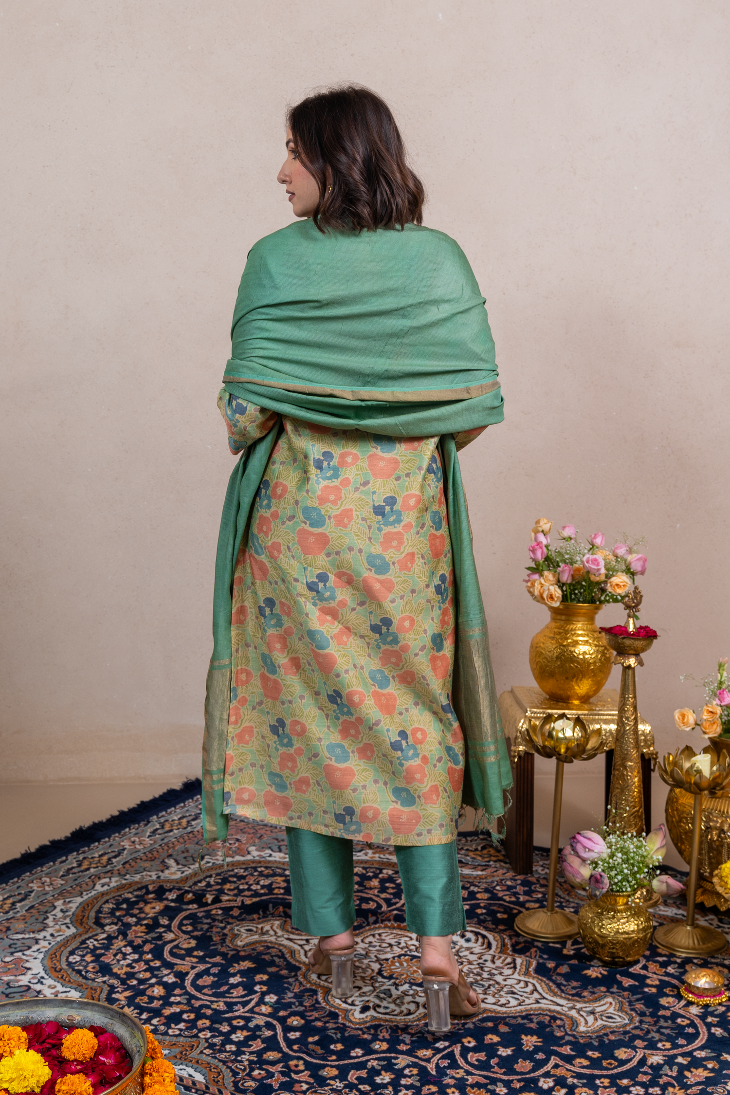 Raysham Green Printed Munga Silk Set of 3 | Ray-ethnic