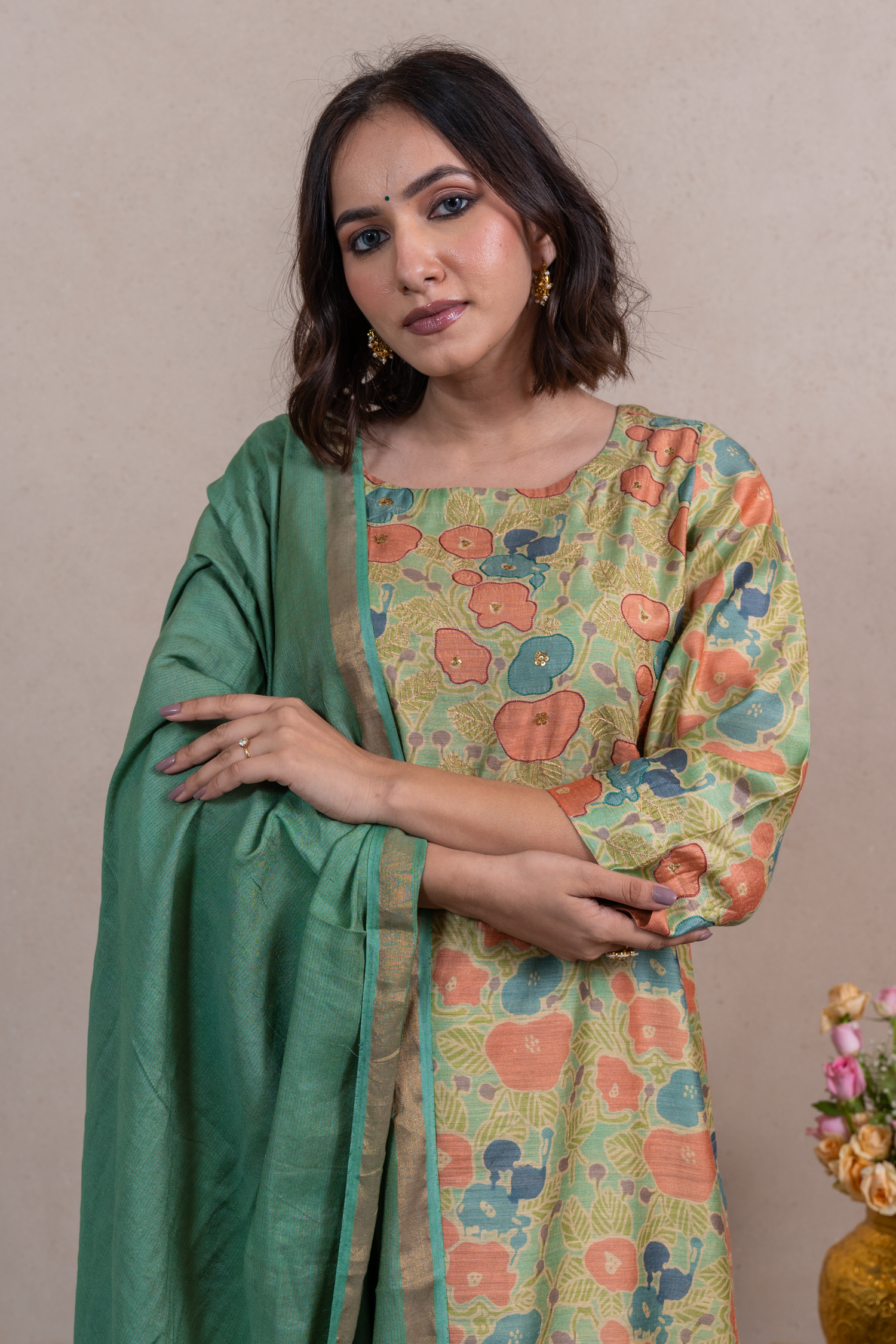 Raysham Green Printed Munga Silk Set of 3 | Ray-ethnic