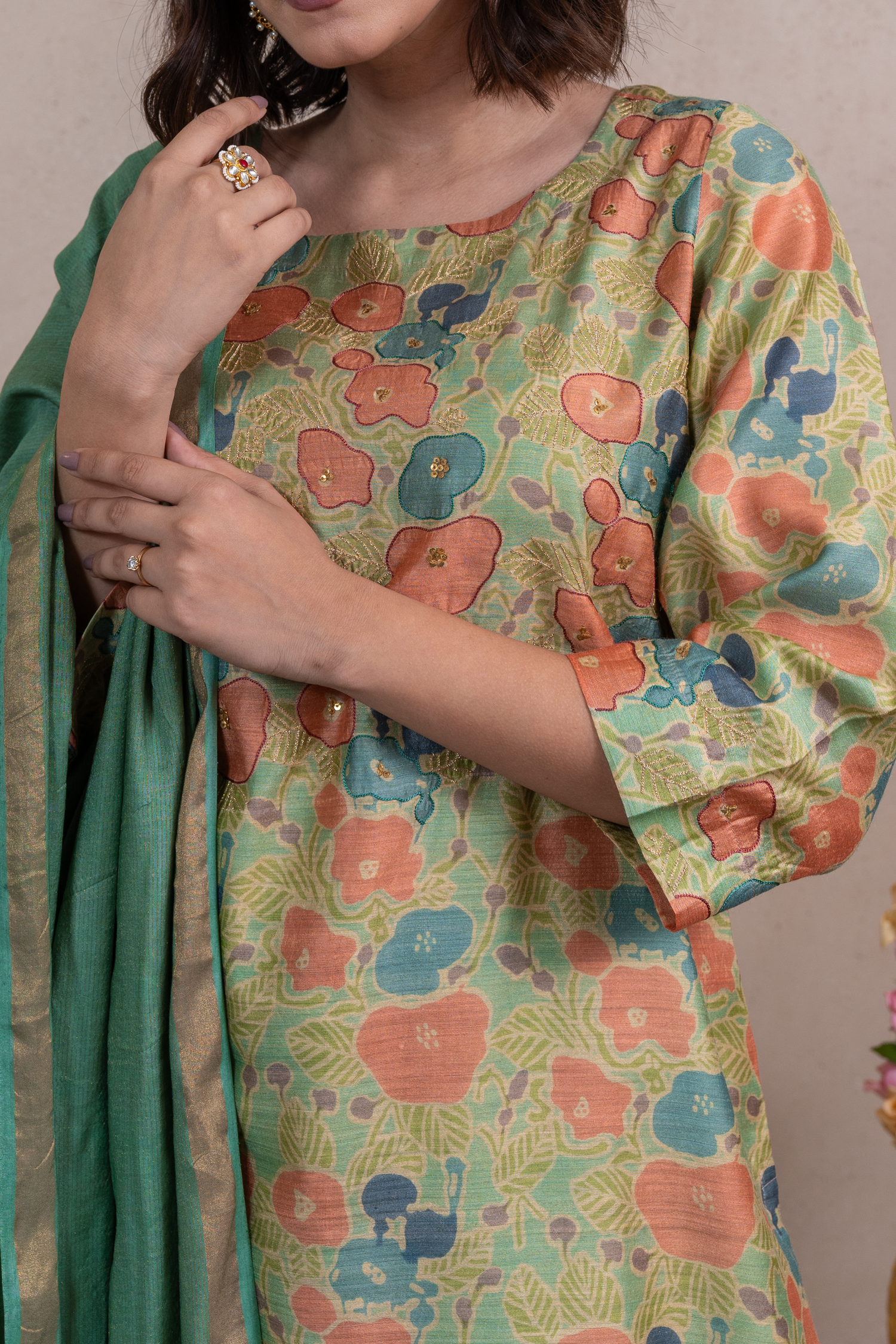 Raysham Green Printed Munga Silk Set of 3 | Ray-ethnic