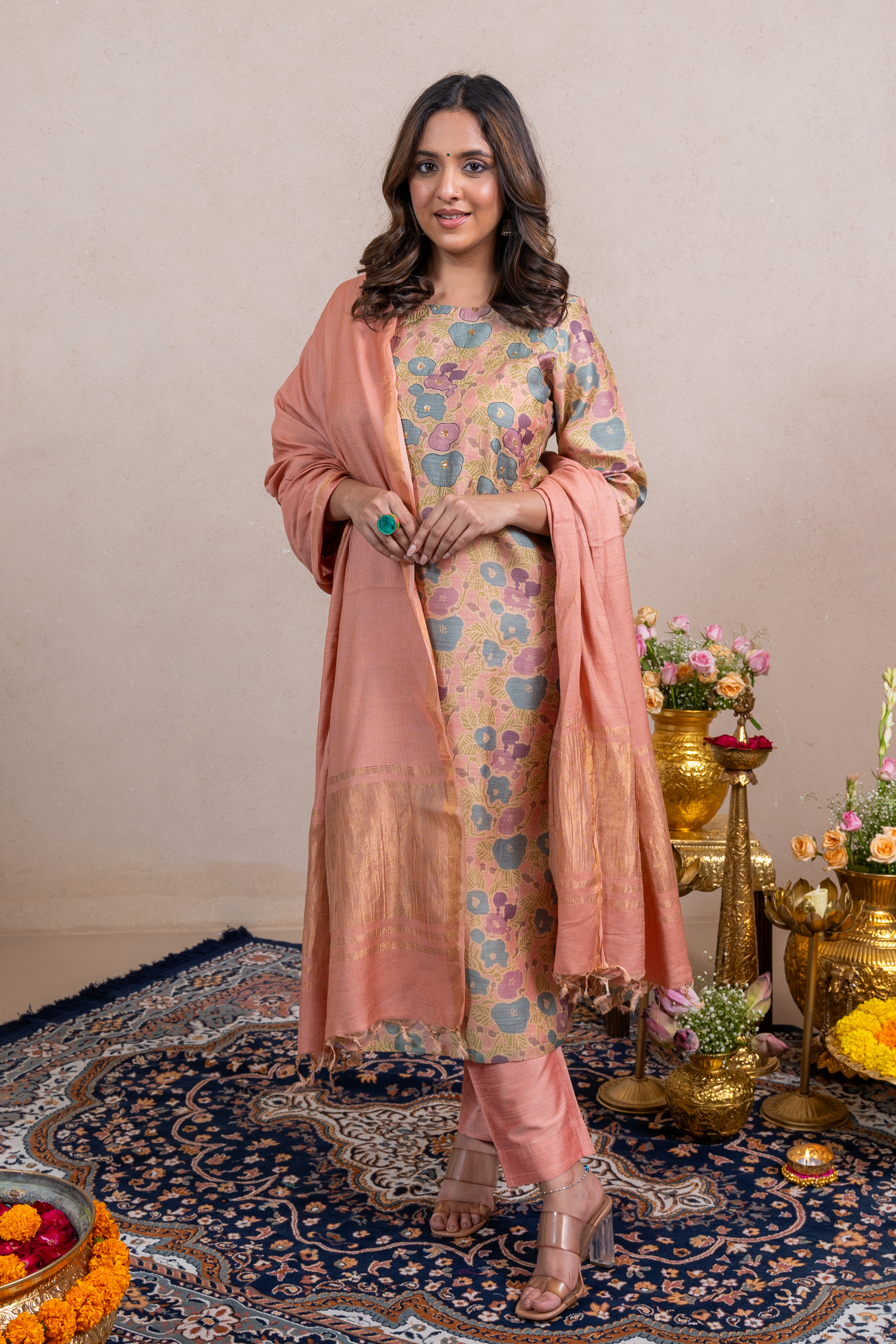 Raysham Peach Printed Munga Silk Set of 3 | Ray-ethnic