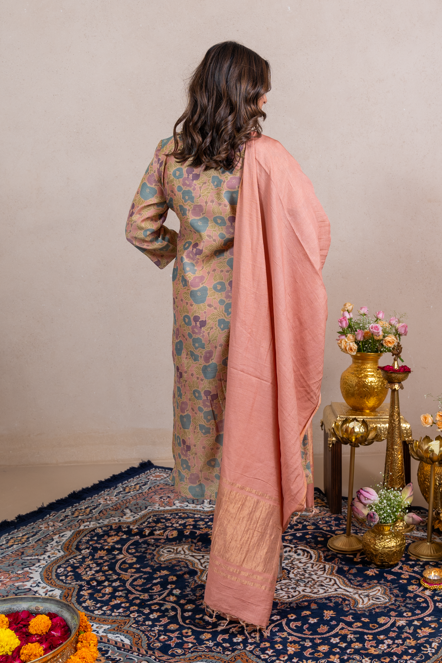 Raysham Peach Printed Munga Silk Set of 3 | Ray-ethnic
