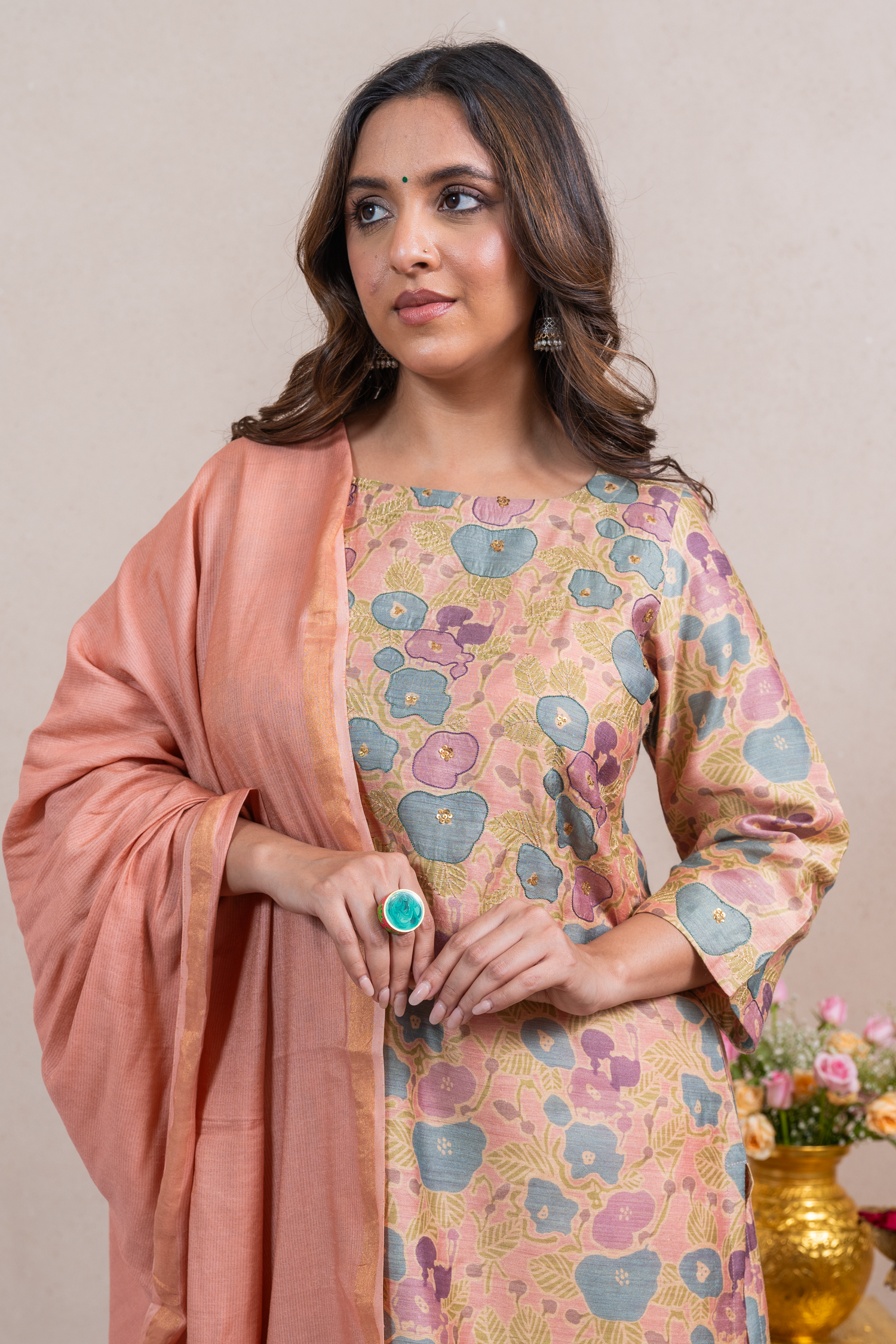 Raysham Peach Printed Munga Silk Set of 3 | Ray-ethnic
