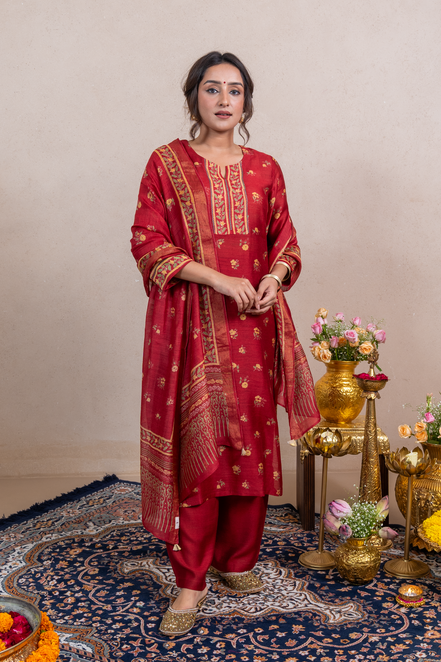 Raysham Red Block Printed Munga Silk Set of 3 | Ray-ethnic