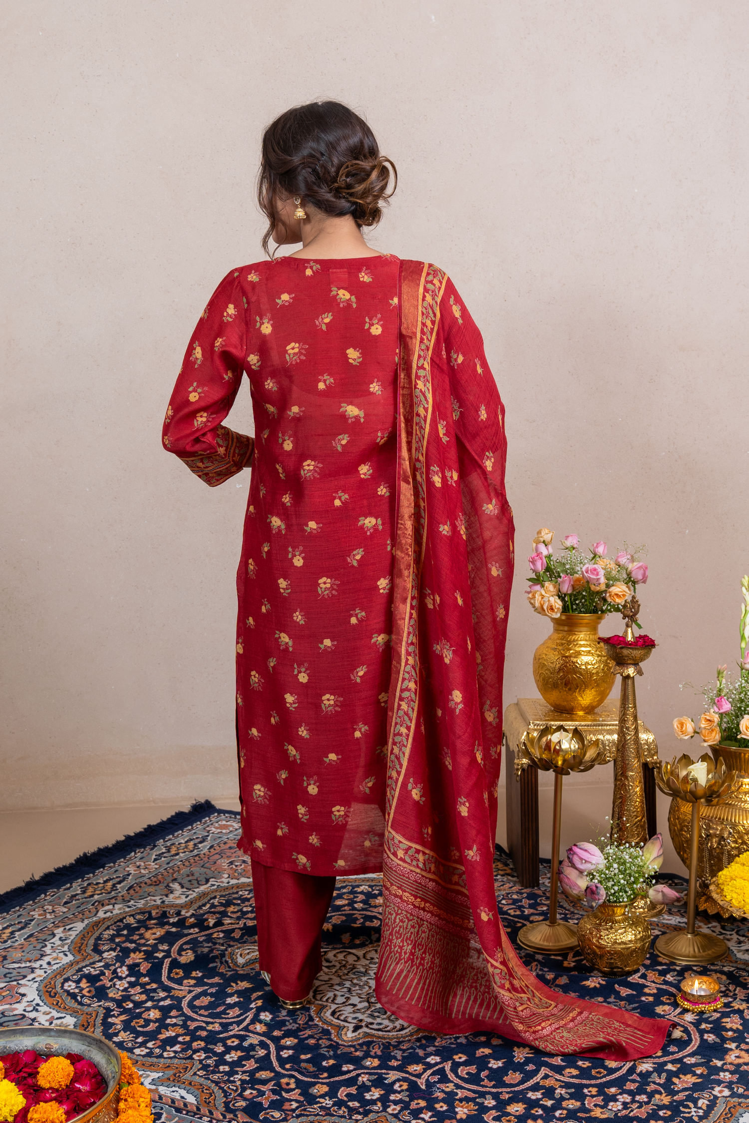 Raysham Red Block Printed Munga Silk Set of 3 | Ray-ethnic