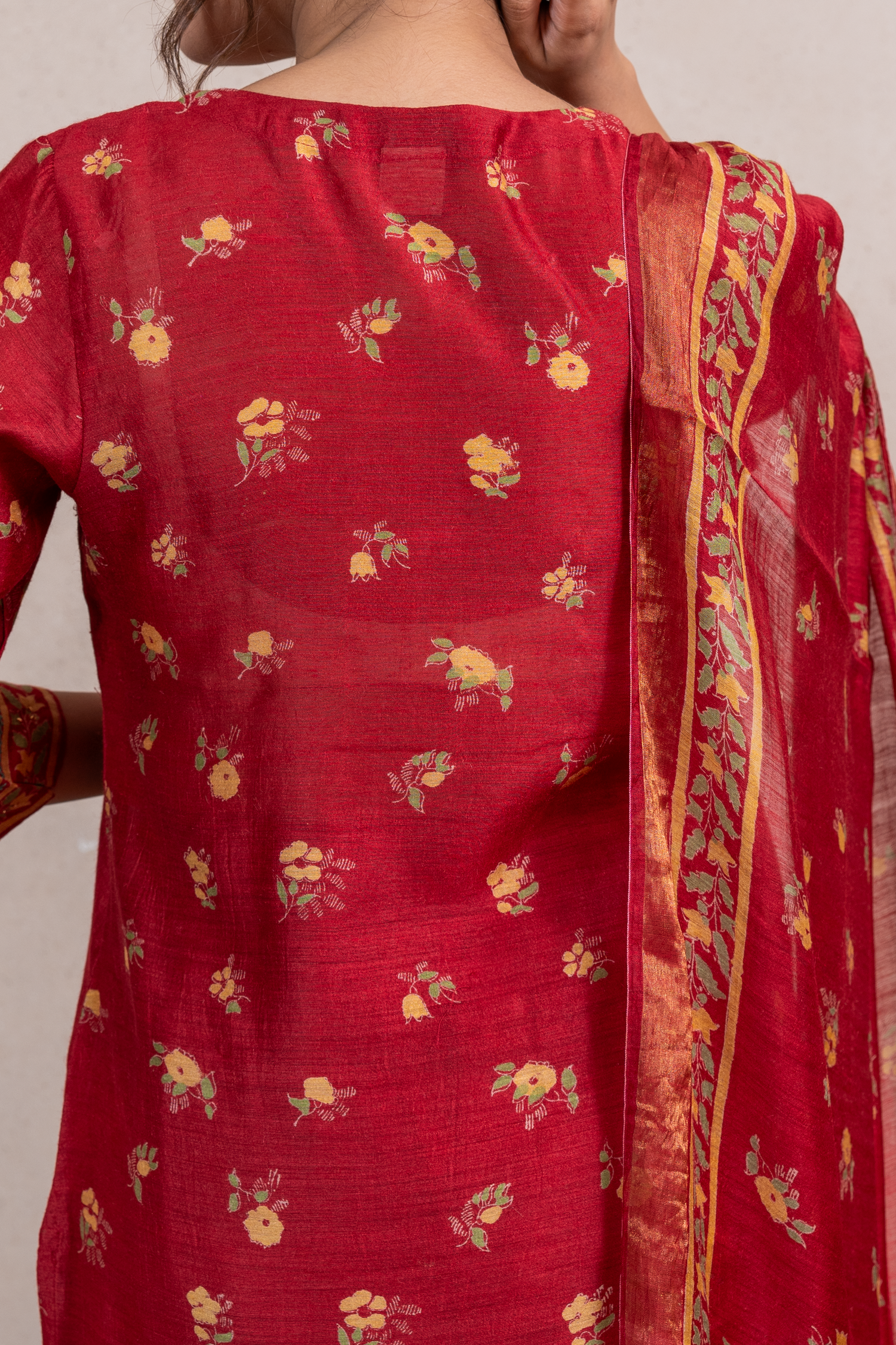 Raysham Red Block Printed Munga Silk Set of 3 | Ray-ethnic