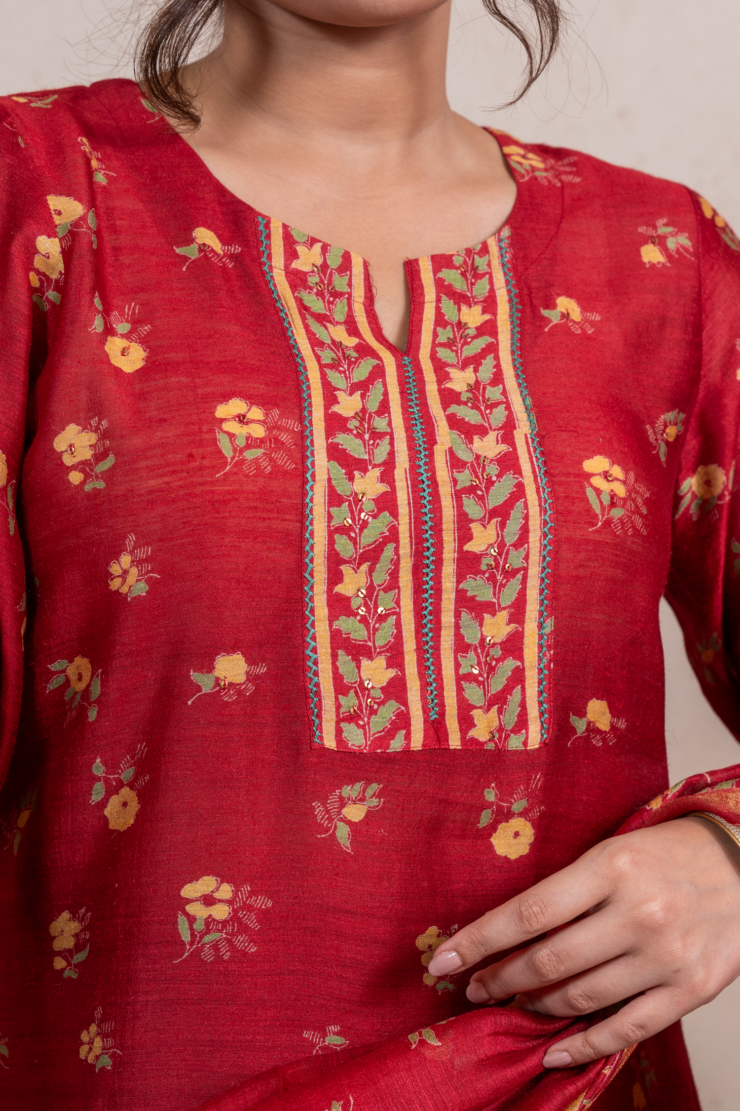 Raysham Red Block Printed Munga Silk Set of 3 | Ray-ethnic