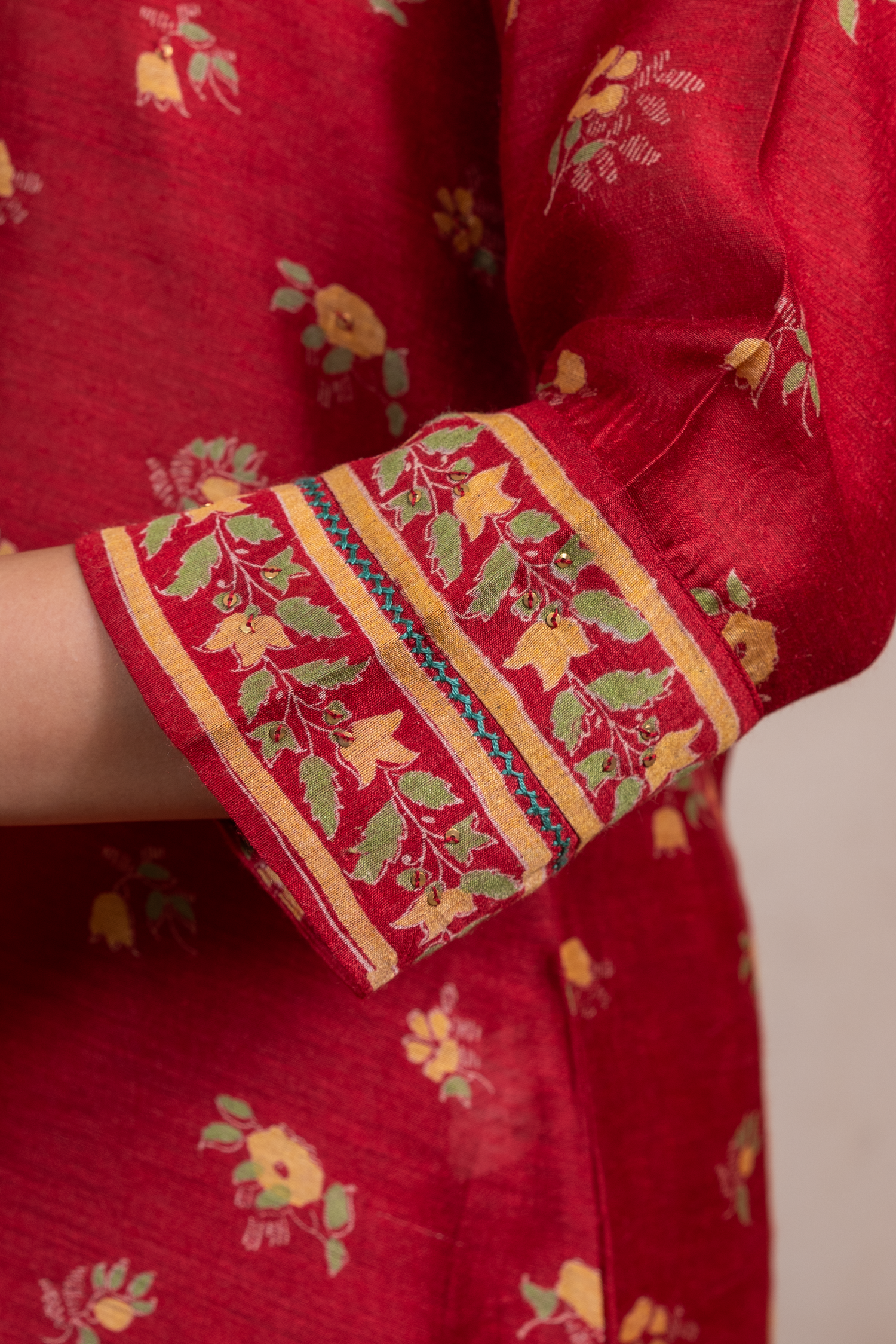 Raysham Red Block Printed Munga Silk Set of 3 | Ray-ethnic