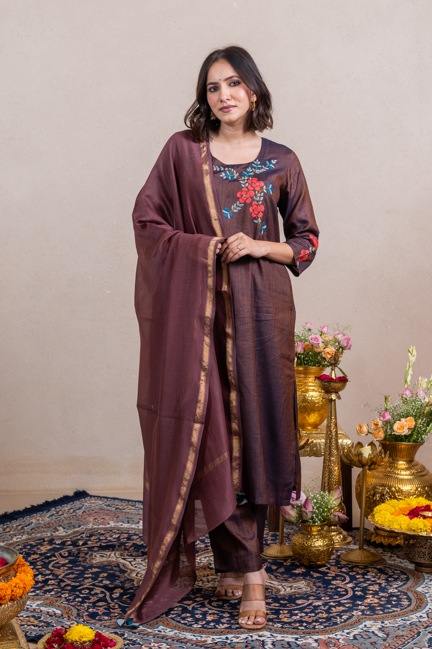 Raysham Dark Brown Hand Embroidered Cotton Silk Set of 3 | Ray-ethnic