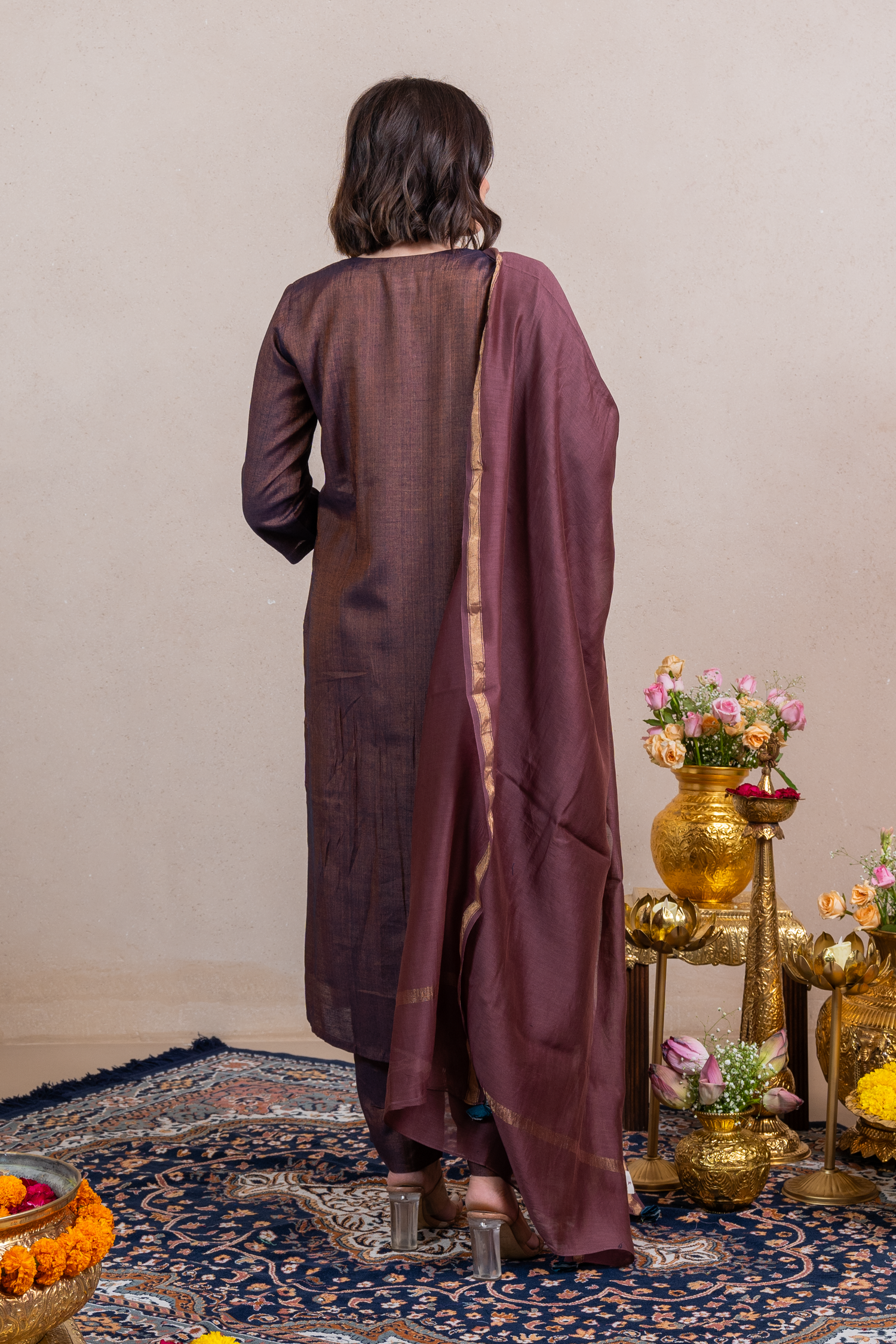Raysham Dark Brown Hand Embroidered Cotton Silk Set of 3 | Ray-ethnic