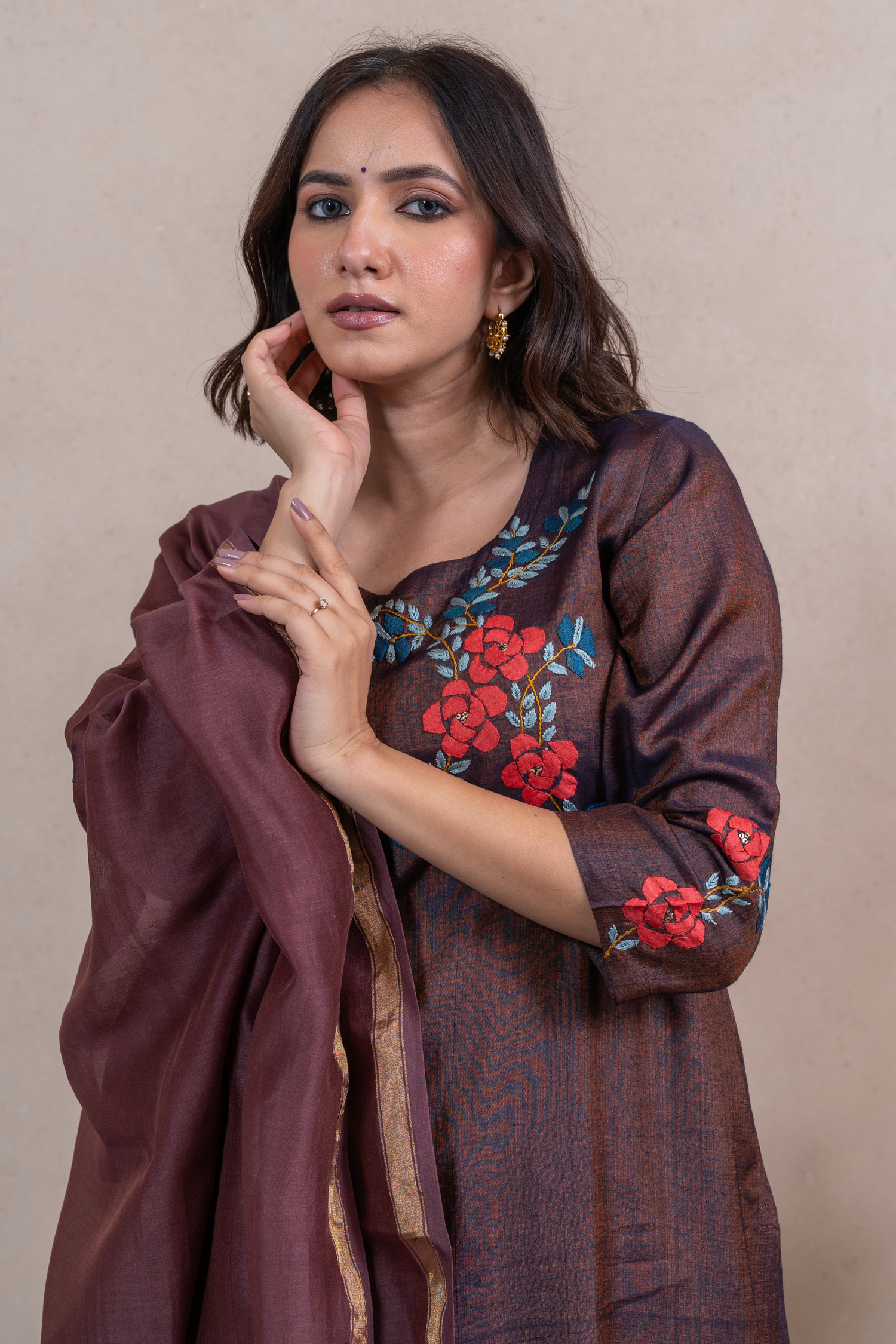Raysham Dark Brown Hand Embroidered Cotton Silk Set of 3 | Ray-ethnic