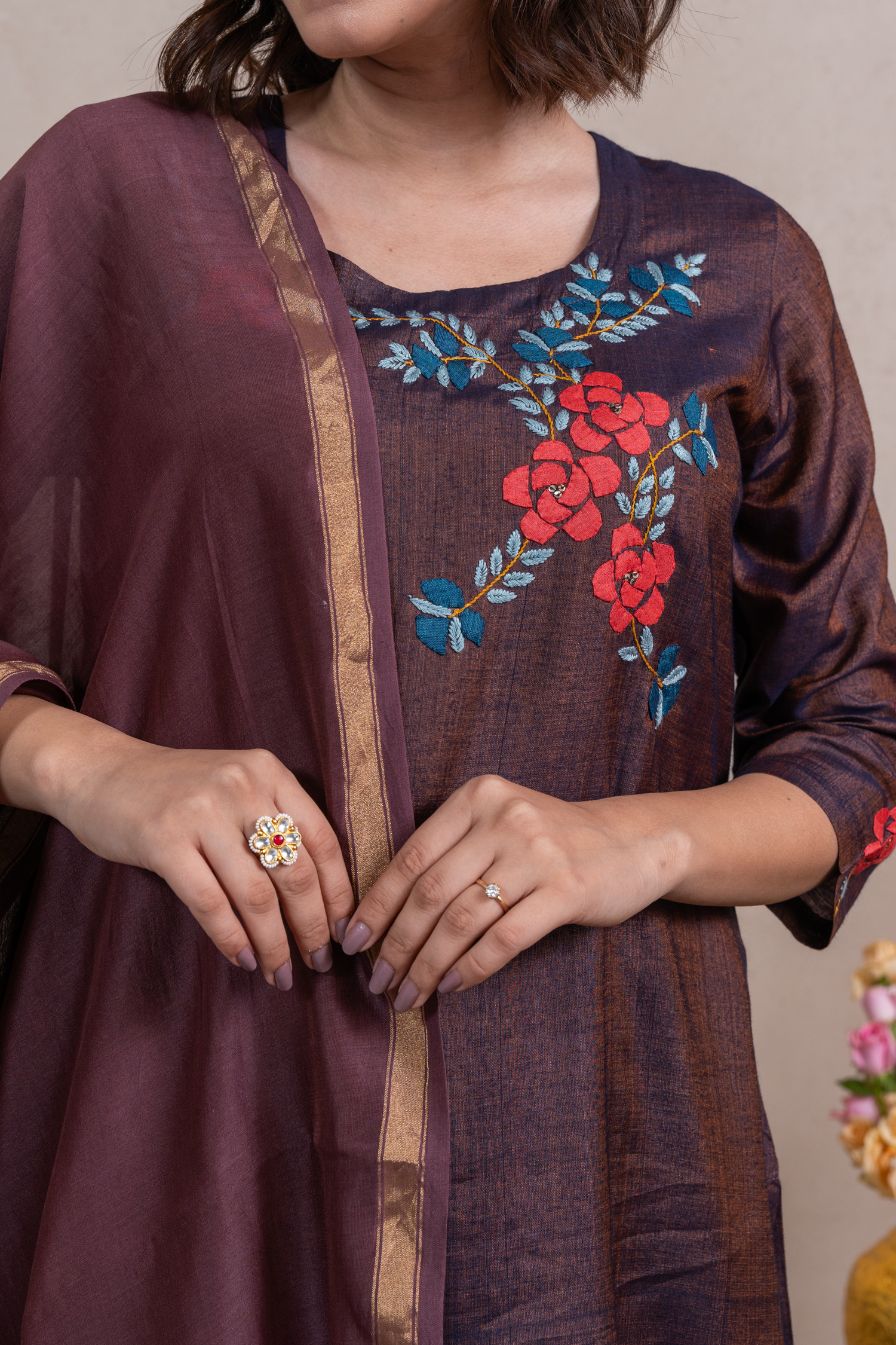 Raysham Dark Brown Hand Embroidered Cotton Silk Set of 3 | Ray-ethnic