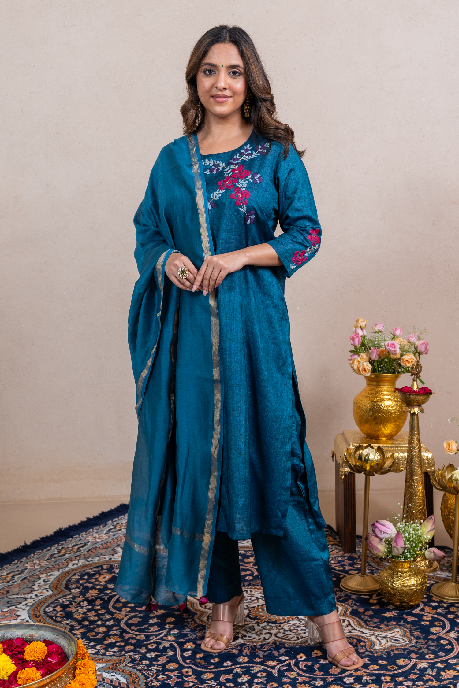 Raysham Blue Hand Embroidered Cotton Silk Set of 3 | Ray-ethnic