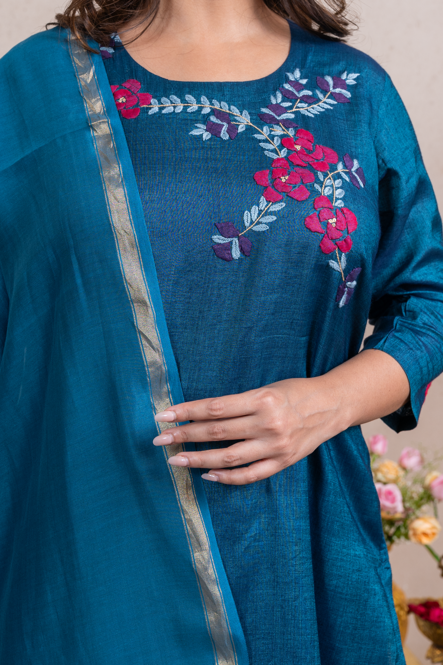 Raysham Blue Hand Embroidered Cotton Silk Set of 3 | Ray-ethnic