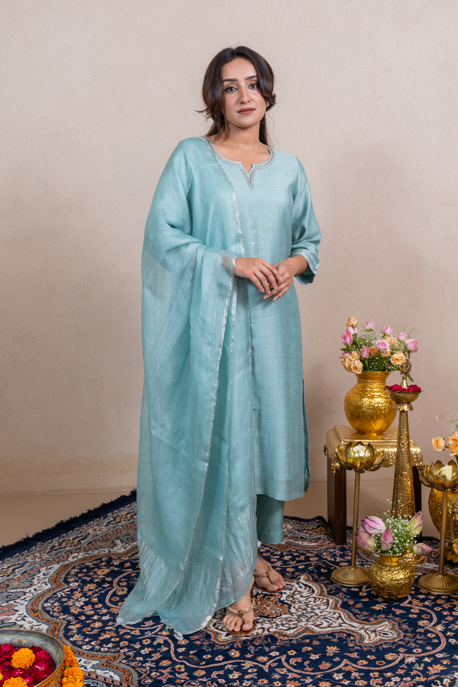 Raysham Silver Green Embroidered Tusser Silk Set of 3 | Ray-ethnic