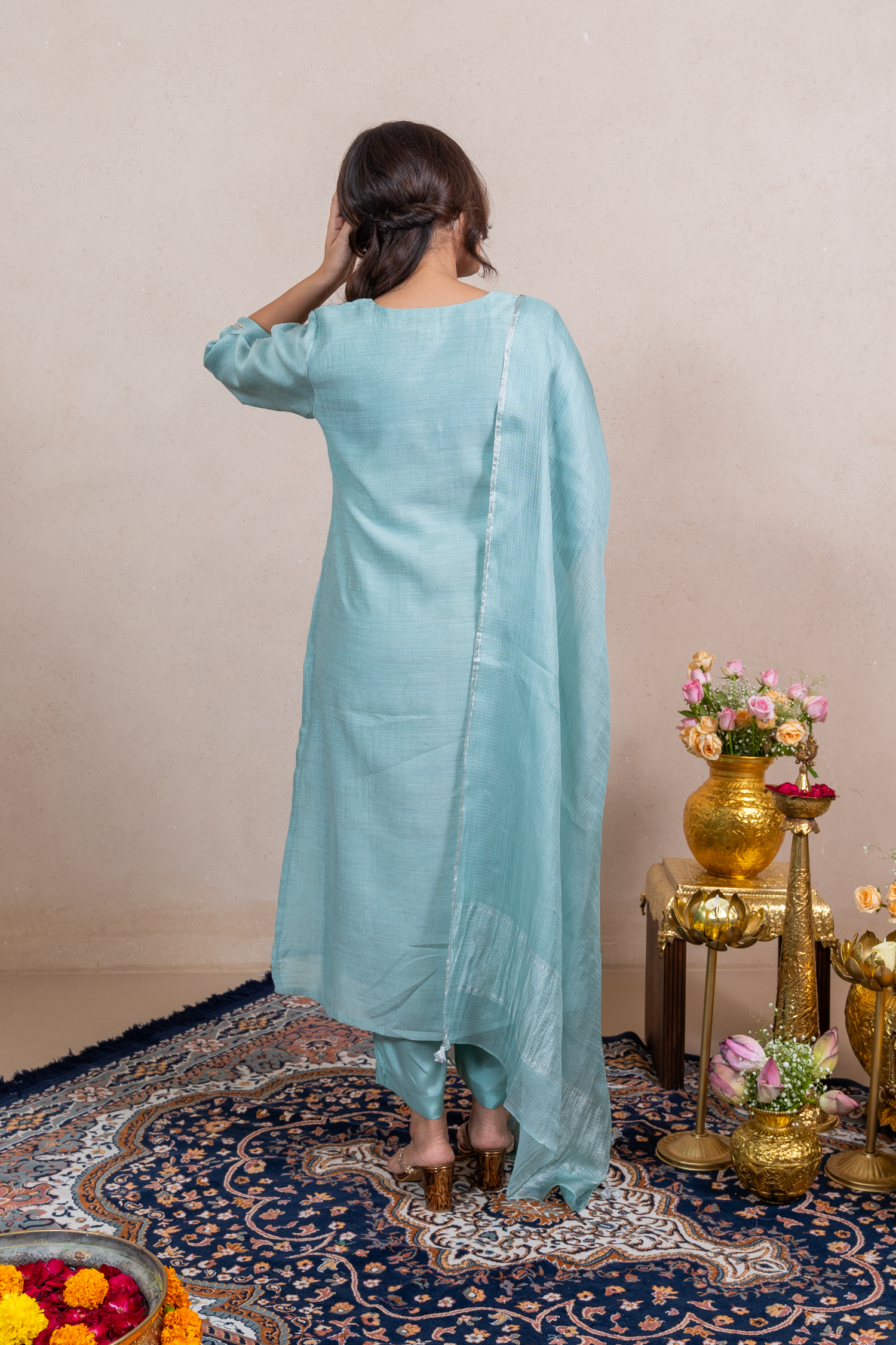 Raysham Silver Green Embroidered Tusser Silk Set of 3 | Ray-ethnic
